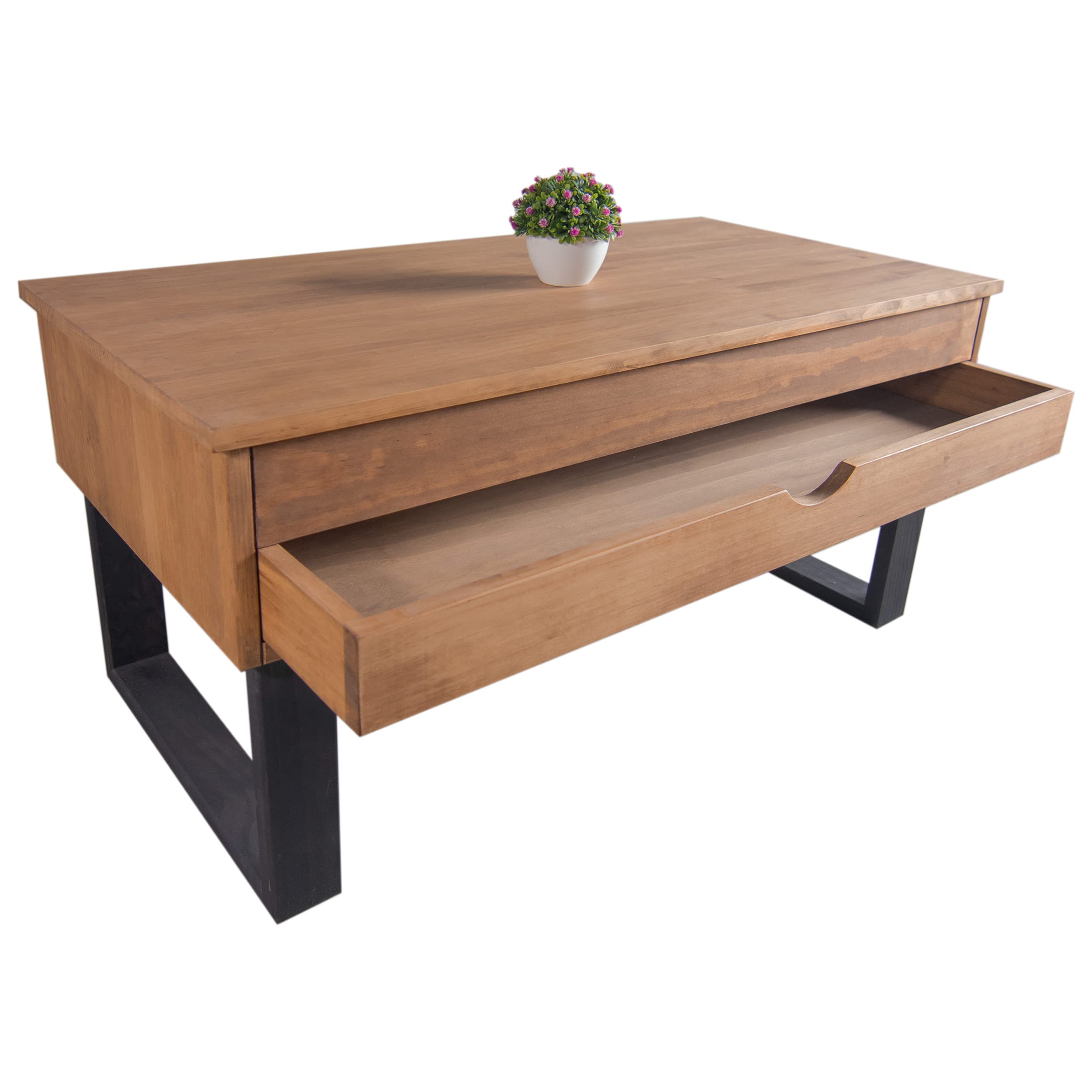 LoMasCasa - Tavolo da salotto da centro collezione Sonka sollevabile con cassetto scorrevole in legno naturale massiccio disponibile in legno e gambe in nero - 100 x 50 x 48 cm