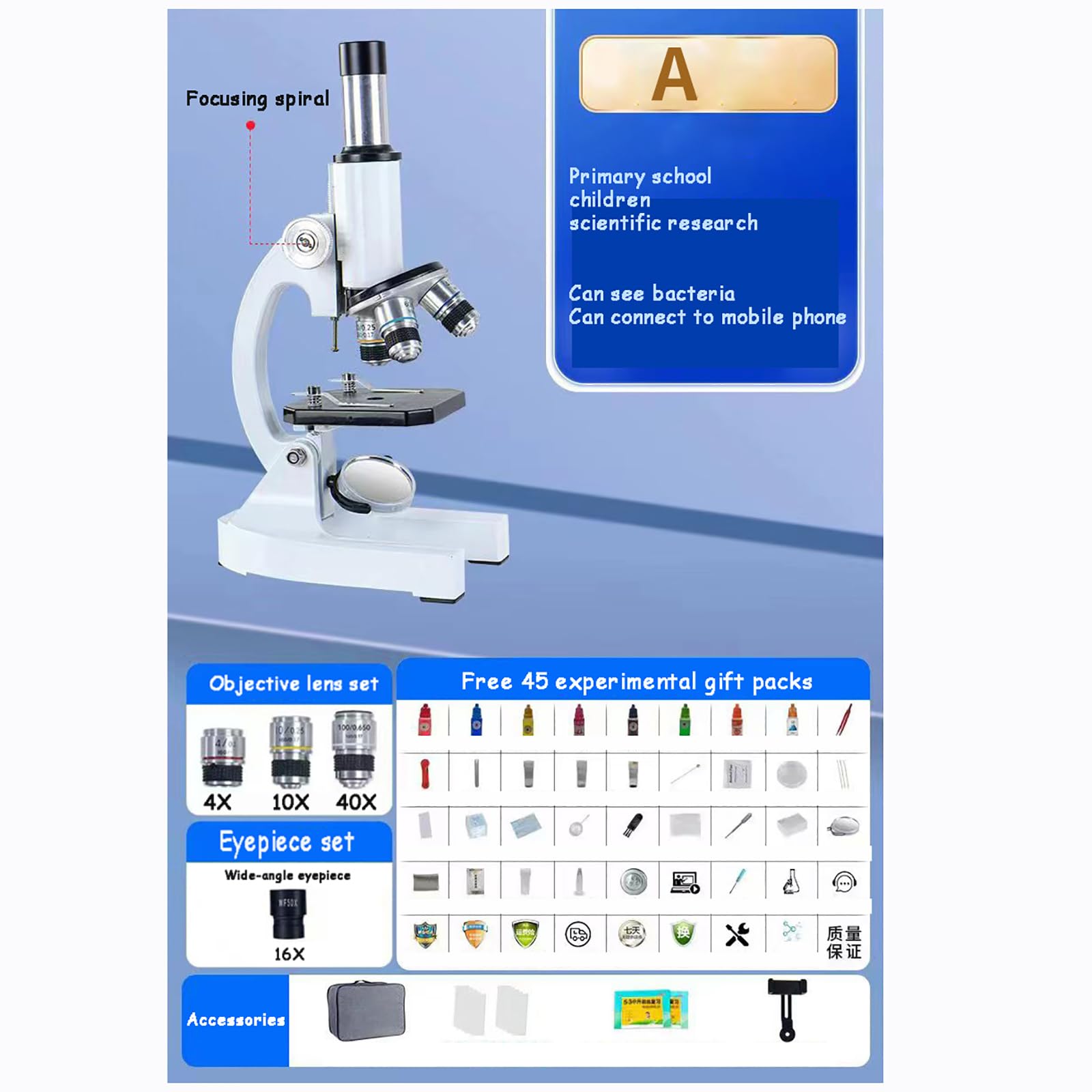 Microscopio - Monoculare, 185 LENS OBIETTIVO + 45 ° Osservazione + 5 Aperture, Connessione Per Telefoni Cellulari E Computer, Adatto Per L'educazione Scientifica,A