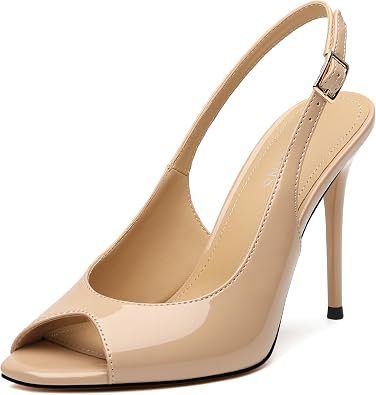 WAYDERNS Peep Toe High Heels for Women Slingback V Peep Toe Womens Pumps Patent Leather Stiletto Heels Sling Back Thin Heels Bride Party Clubbing Dress Shoes with 4 Inch Heel