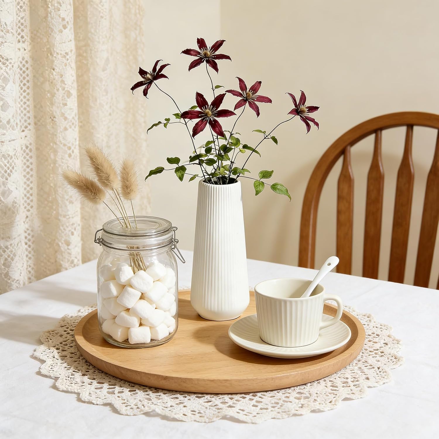 White Ceramic Vase for Pampas Grass, Modern Ribbed Matte Flower Vase, Minimalist Decorative Vase for Home Decor, Living Room, Bathroom, Shelf, Table Centerpiece (White)