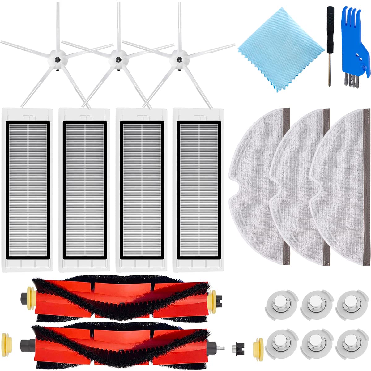 QAQGEAR Replacement Parts for Xiaomi Roborock S6 S60 S65 S5 MAX S6 MAXV S6 Pure Vacuum Cleaner Accessories, 2 Roller Brushes, 4 Filters, 3 Mop Cloths Rags, 3 Side Brush, 6 Water Filter (18 Pcs)