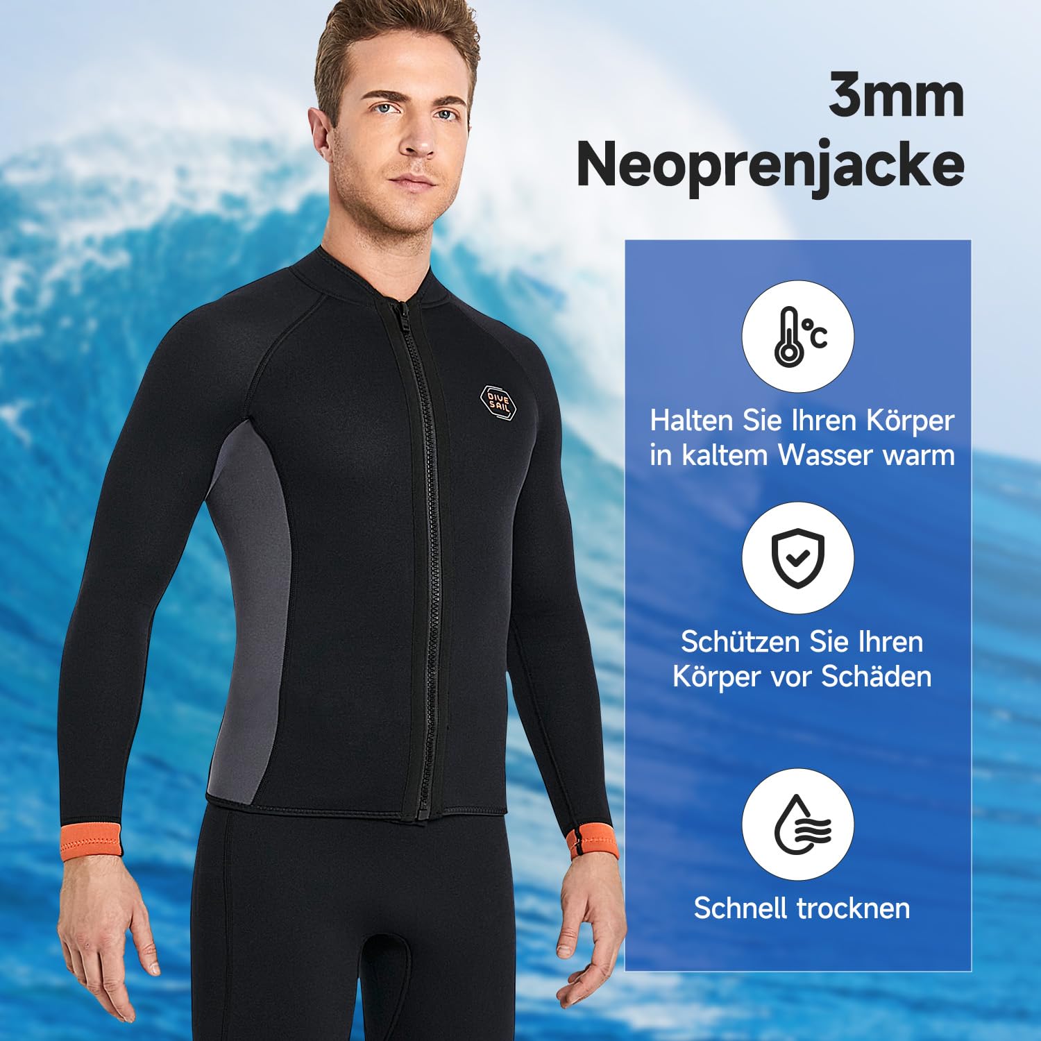 Combinaison en néoprène pour homme et femme - 3 mm - Combinaison en néoprène - Veste pour garder au chaud - Manches longues - Fermeture éclair avant - Haut en néoprène pour la plongée, le surf, la
