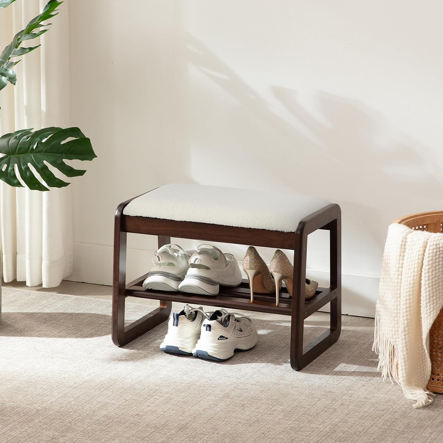 Small Shoe Rack Bench,2 Tier Wooden Entryway Bench with Shoe Storage, Shoe Rack with Cushion for Living Room, Hallway(CreamWhite, 21.6") Cream White 11.8"D x 21.6"W x 16.5"H