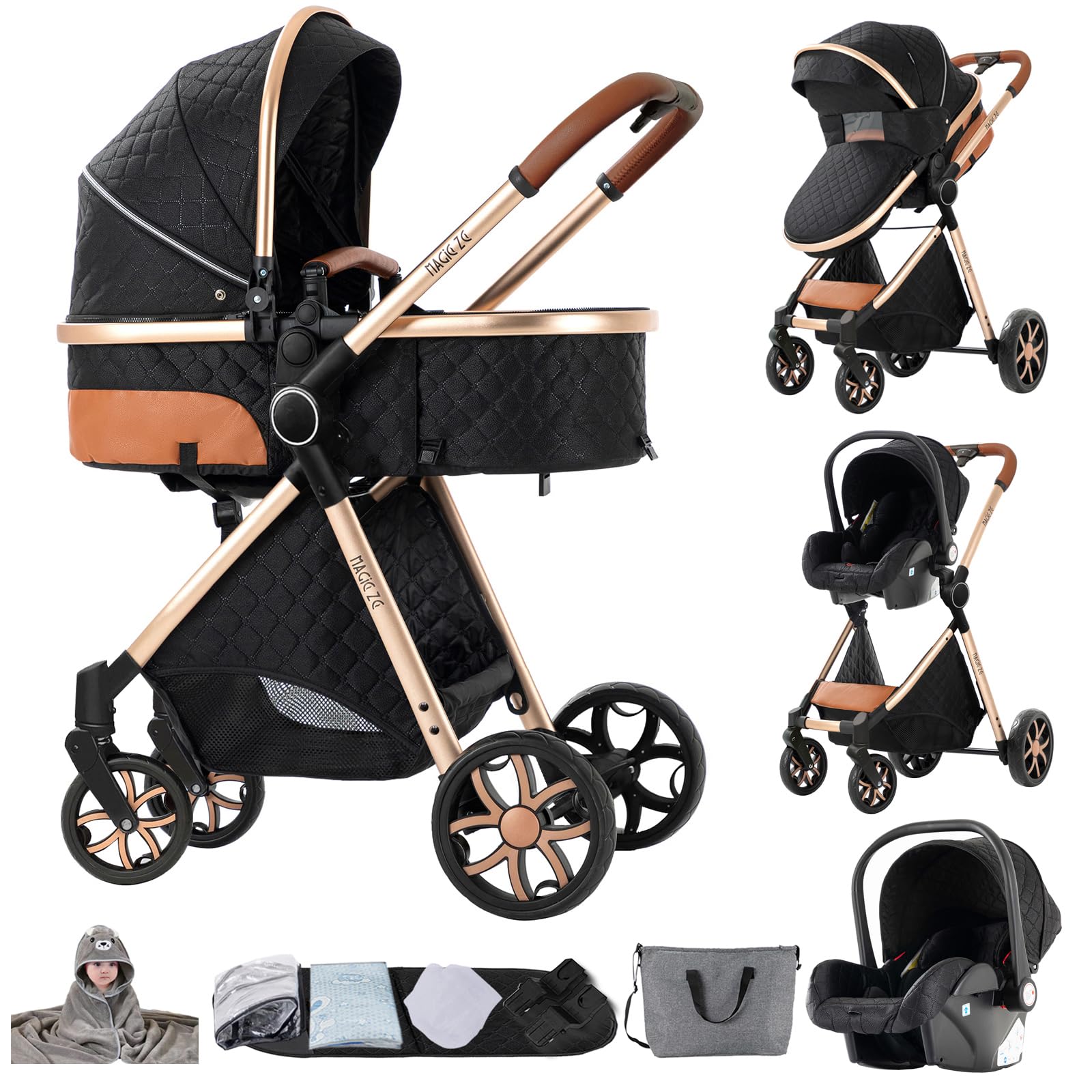 Passeggino Trio 3 in 1 con Spinta Reversibile a Due Vie, Carrozzina per Neonati Pieghevole (V9 Black)