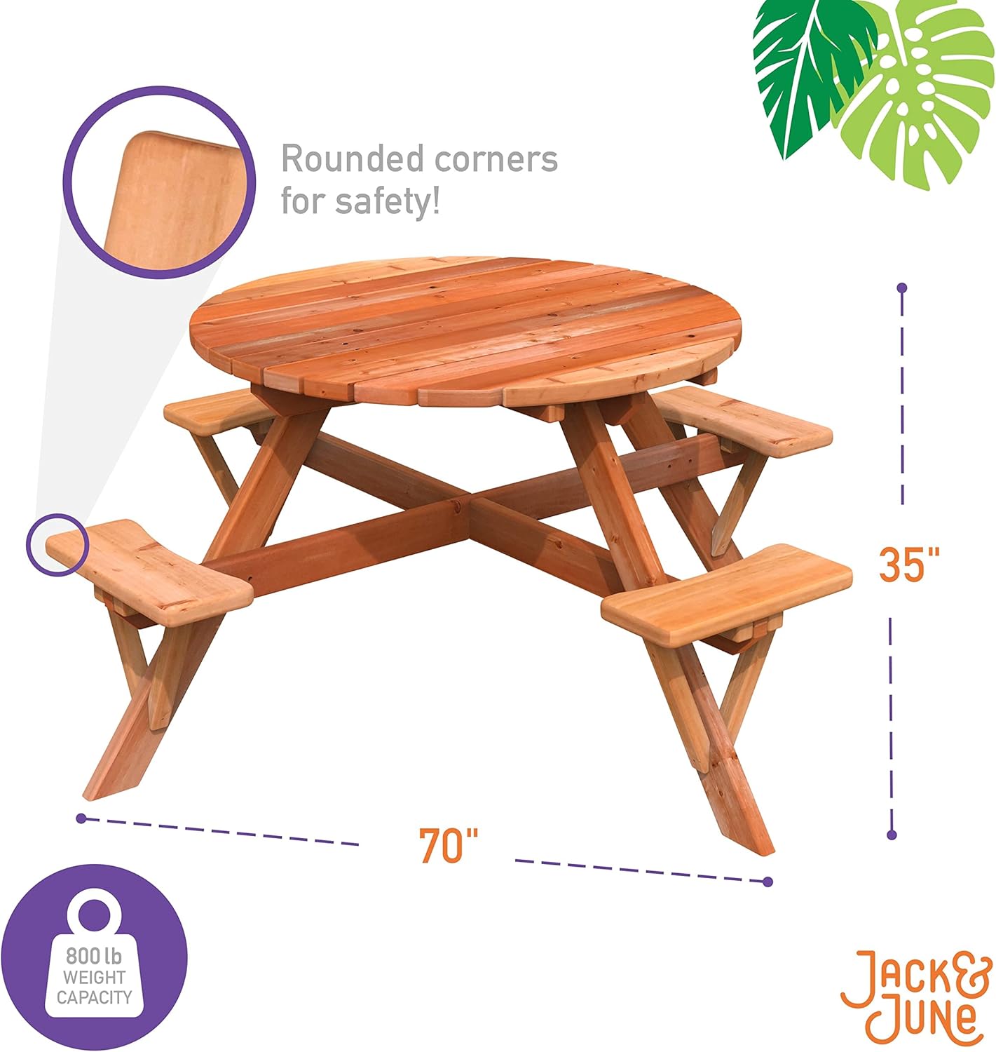 Jack & June Circular Redwood Picnic Table – Rustic, Durable, and Perfect for Outdoor Dining and Entertaining – Ideal for Patios, Decks, and Gardens!