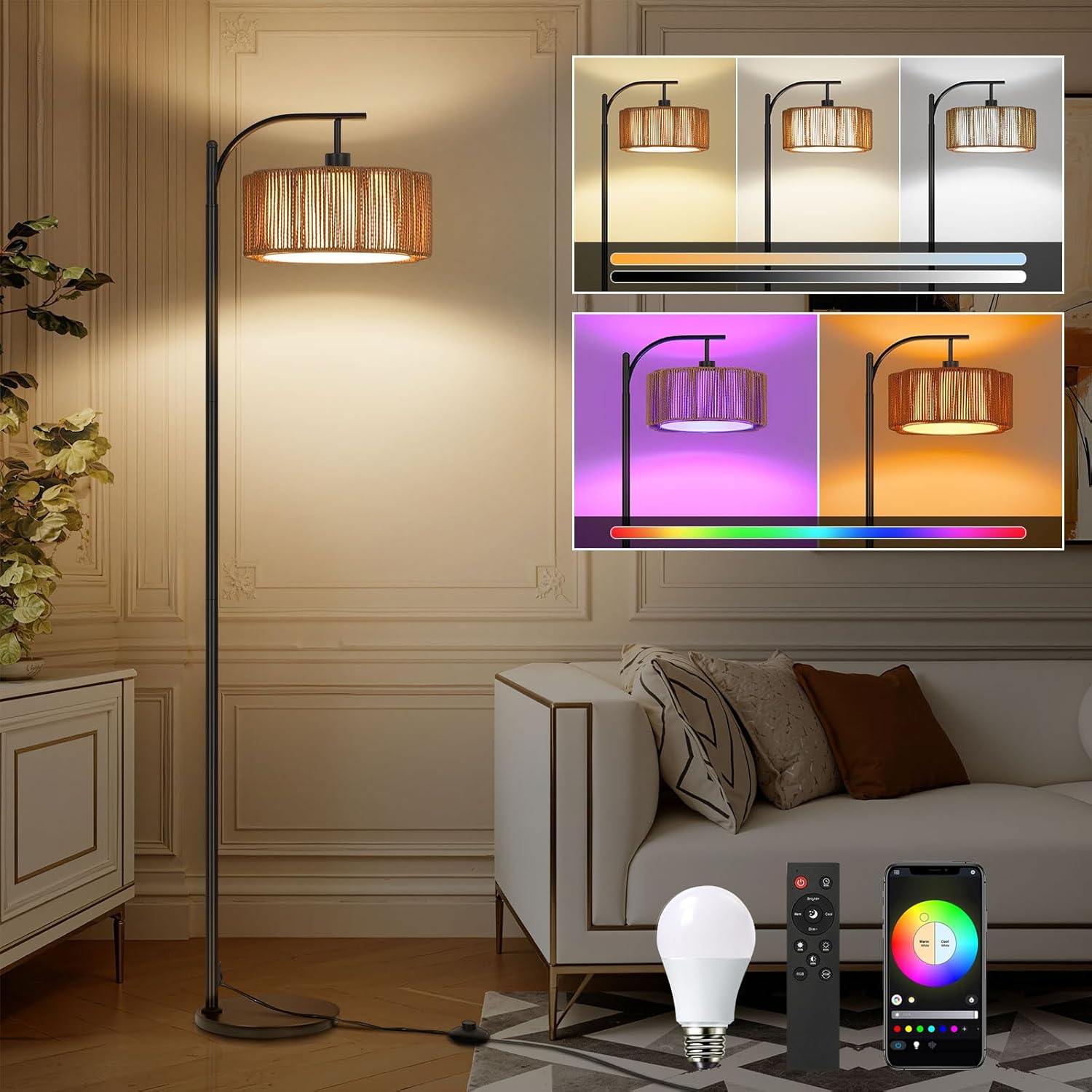 Boho Arc Floor Lamp for Living Room, Modern Rattan Floor Lamp with Foot Switch, Tall Lamp Dimmable 3 Colors Temperature LED Floor Lamps, Bohemian Black Standing Lamp for Bedroom Office