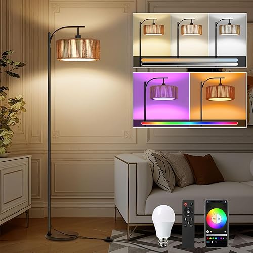 Boho Arc Floor Lamp for Living Room, Rattan Floor Lamp with Remote Control, Dimmable RGB LED Floor Lamps, Bohemian Black Standing Lamp Tall Lamp for Bedroom Office
