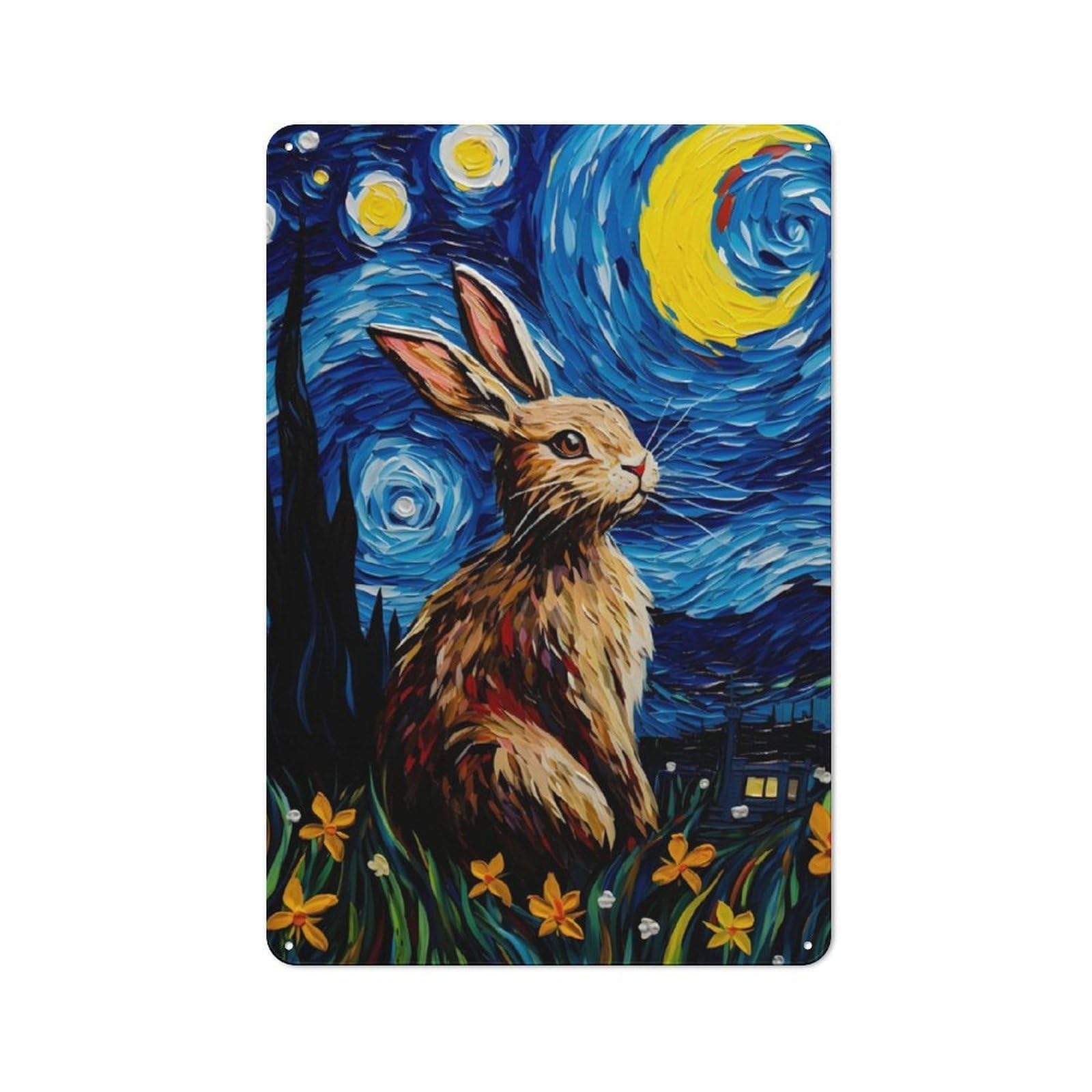 Junmoney The Starry Night Rabbit Cottage Tin Sign 30X20cm Featuring Porch Wall Decor For Shed, Garden Room, Porch Or Garage