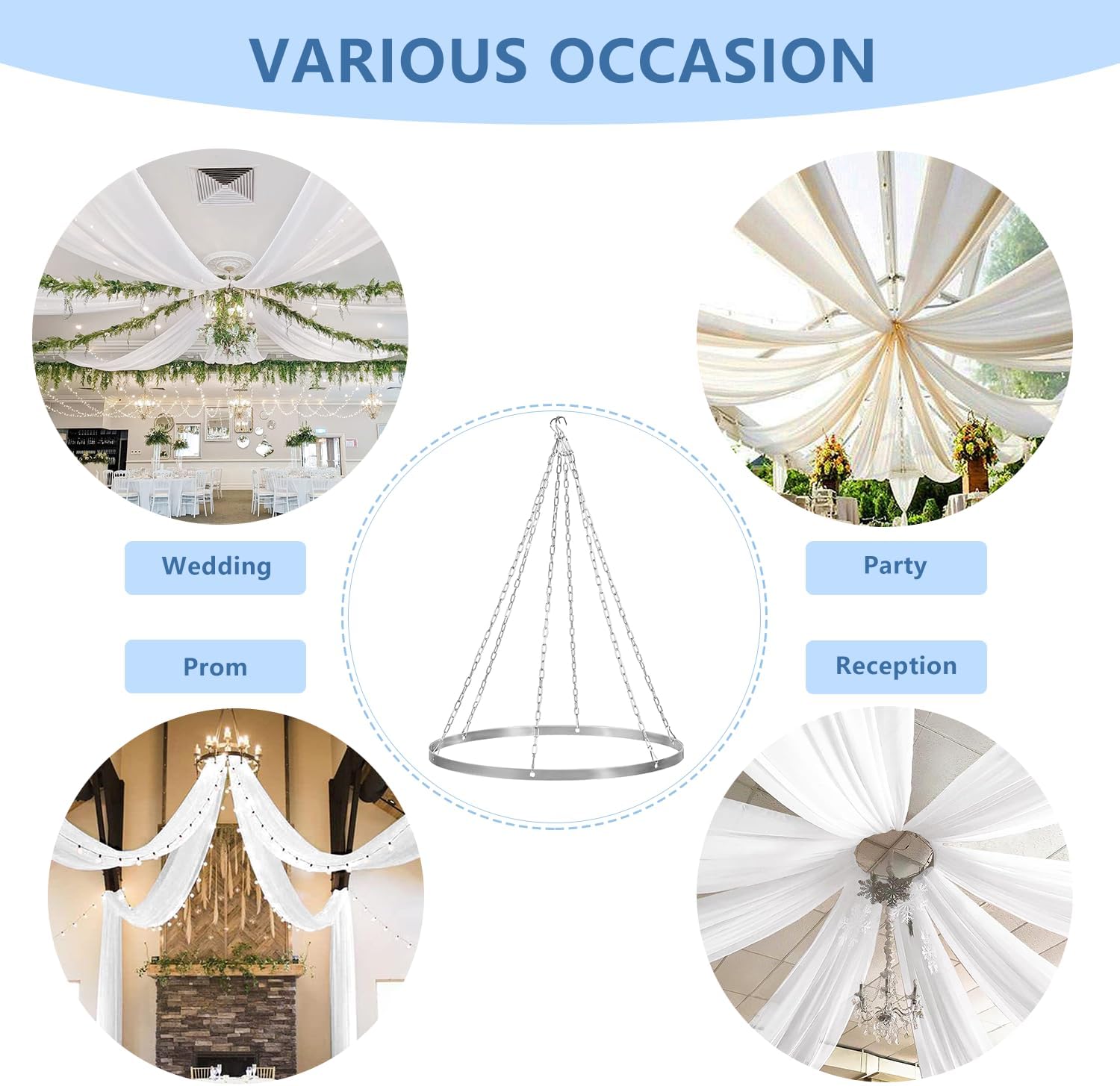 MODFUNS Ceiling Drape Hanging Kit 24 Inch Silver Ceiling Hanging Ring Metallic Hoop Ring Hardware Kit for 6 Panels Wedding Drapes Round Hoop Ring for Indoor Outdoor Party Banquet Decoration