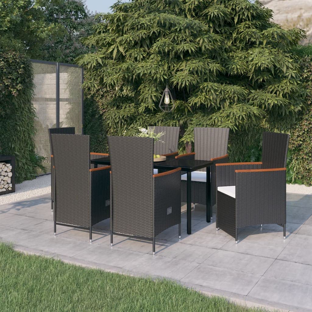 7-TLG. Set da pranzo da giardino nero con cuscino, sedie regolabili e tavolo in vetro, moderno set di mobili per esterni per terrazza e balcone, in rattan PE impermeabile