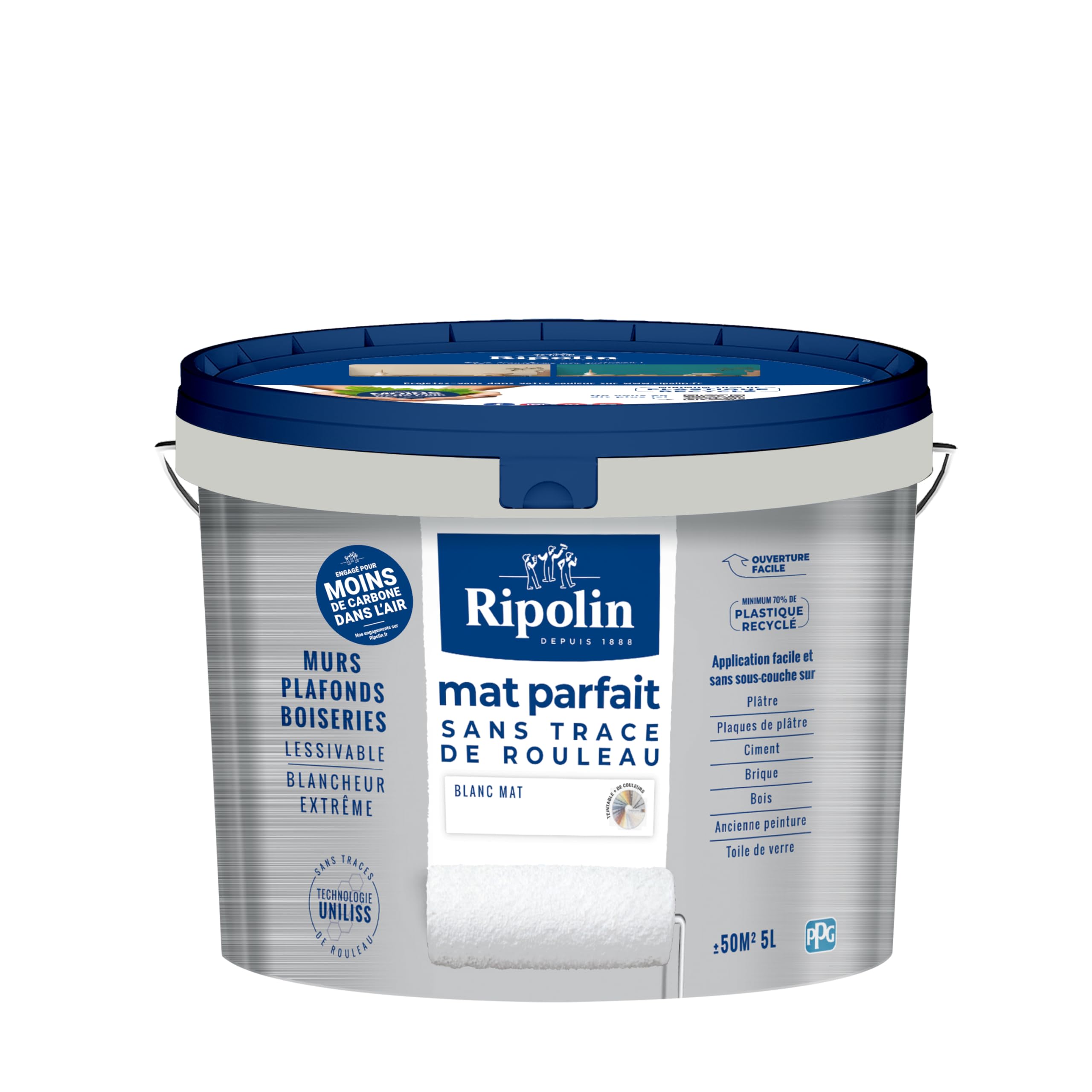 RIPOLIN Mat Parfait Peinture intérieure Murs Plafonds Blancheur Extrême Lessivable 5L Blanc
