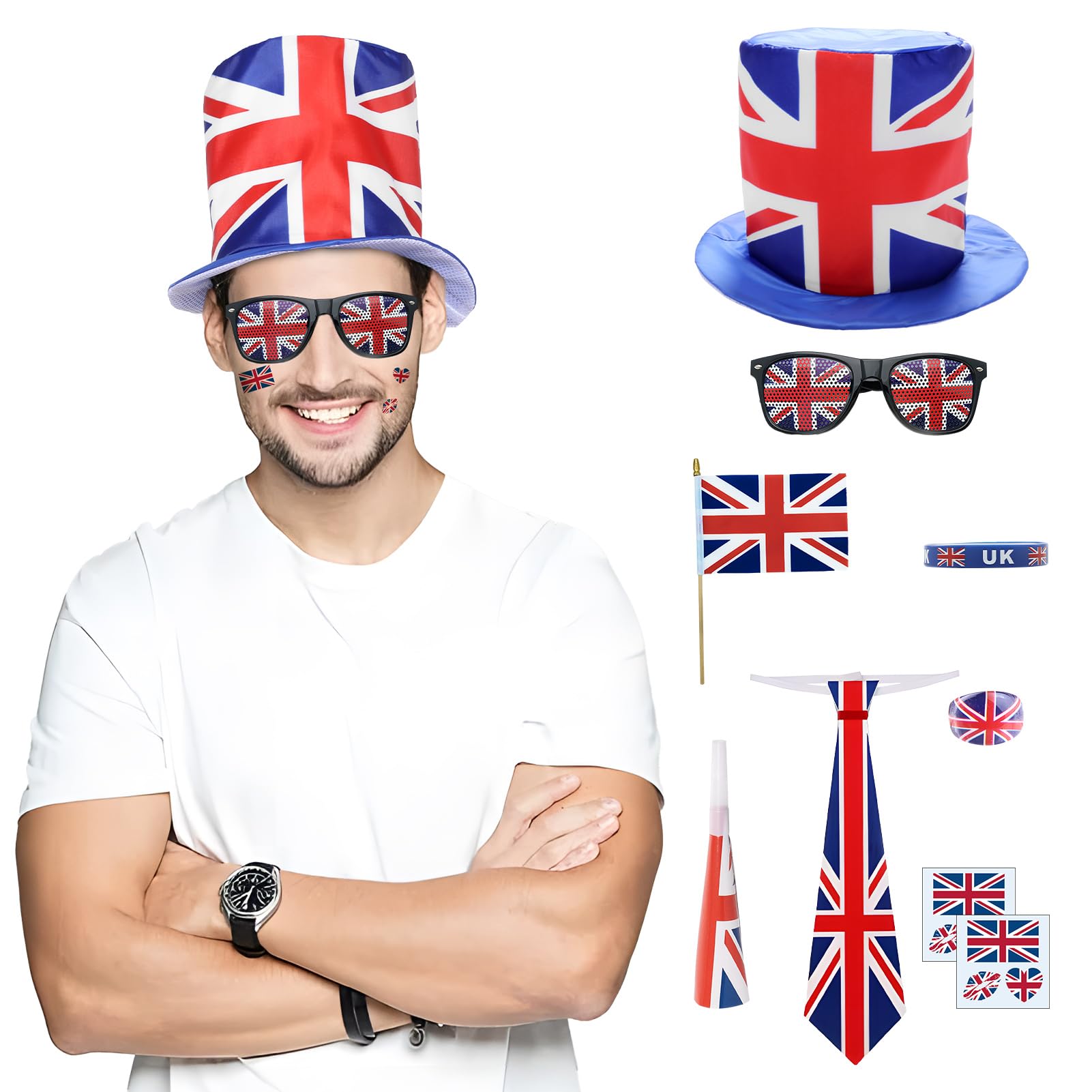FiclwigkisUnion Jack Accessory Set: 8pcs with Union Jack Hat, Flags, Tie, Glasses, Party Horns, Bracelets, Ring, Stickers for King's Birthday, Royal Events, National Day