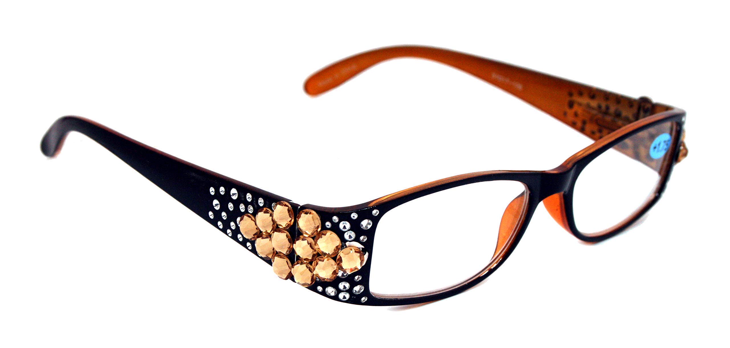 Merkel (Bling) The Diamond Crystal Shape, Bling Women Reading Glasses, Adorned with Light Colorado Genuine European Crystals Black Frame (Light Brown Crystals) Rectangular Shape NY Fifth Avenue.