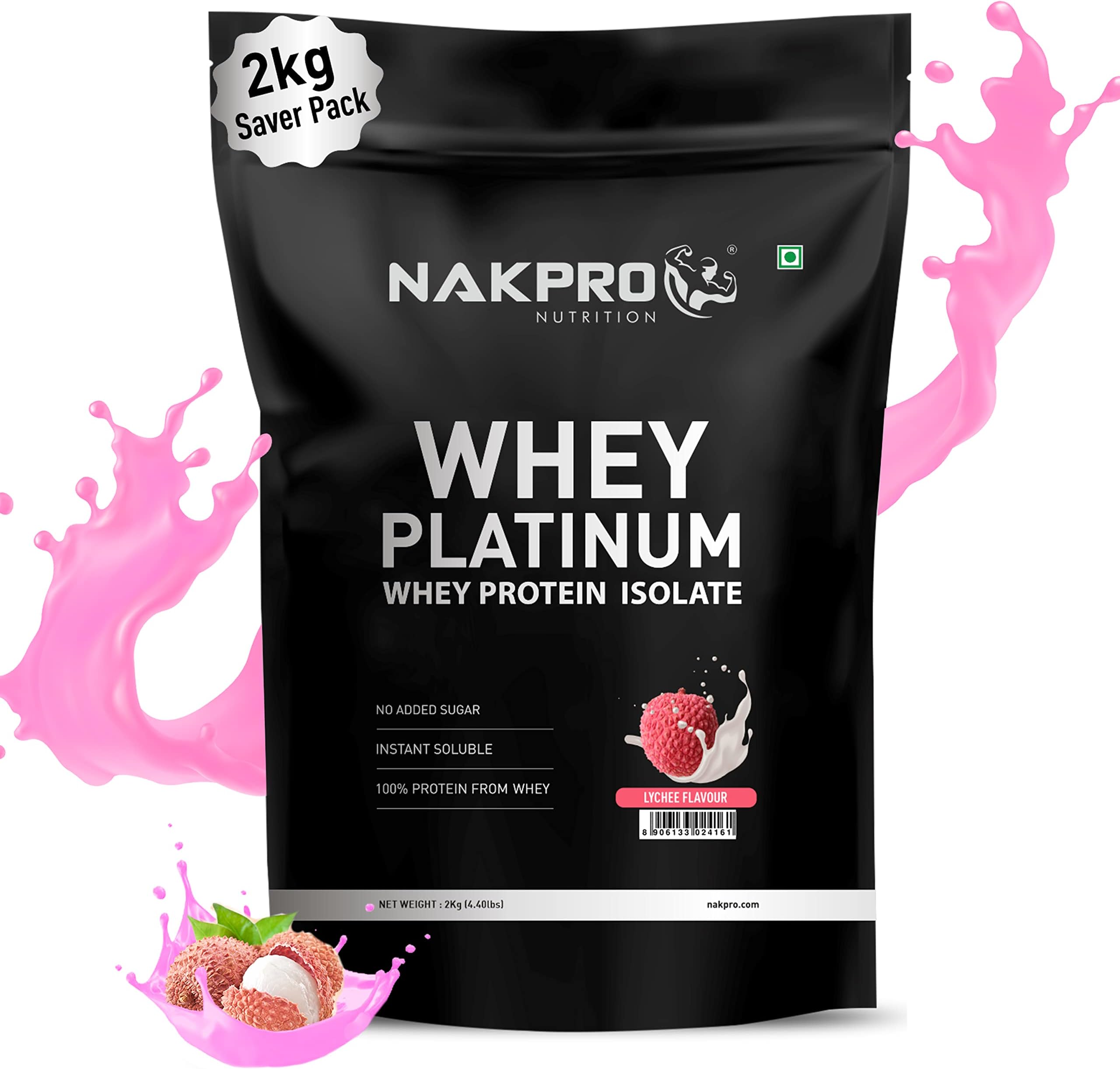 NAKPROPLATINUM 100% Whey Protein Isolate | 28.11g Protein, 6.42g BCAA | Easy Mixing, Low Carbs, Easy Digesting Whey Protein Supplement Powder for Men, Women & Athletes (2 Kg, Lychee)