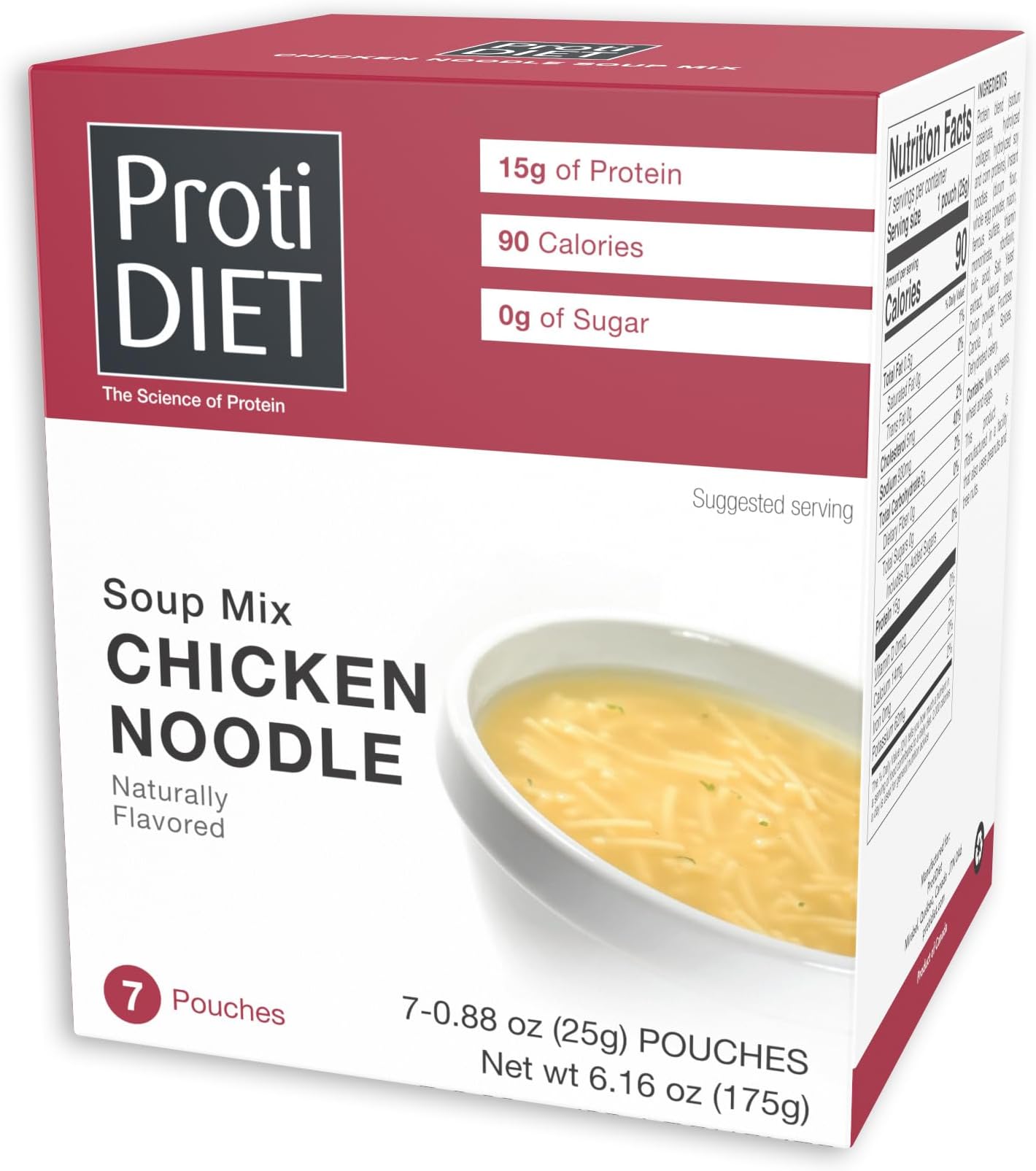 ProtiDIET High Protein Chicken Noodle Soup, 15g Protein Fat free, Sugar free Quick and Easy to Prepare, Meal Replacement Protein Powder Soup Mix with Nutritious Vitamins - 7 Soup Mix Pouches Per Box