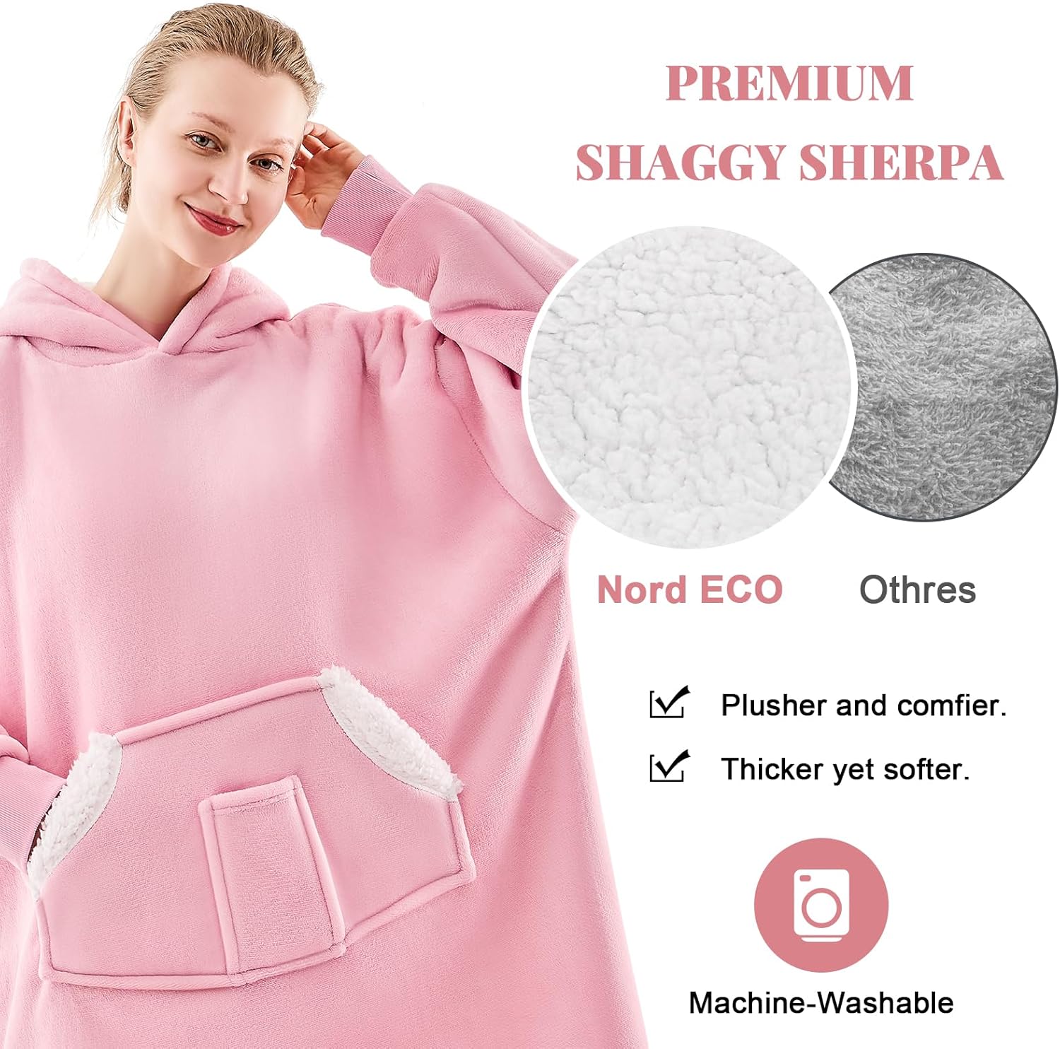 Wearable Blanket Hoodie, Oversized Sherpa Fleece Sweatshirt Blanket with Giant Pockets & Sleeves for Adult, Cozy Hooded Blanket, Winter Gift for Women, Pink - Image 6