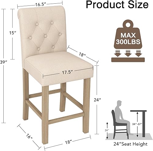 Miniatura 2 de LSSBOUGHT Juego de 2 taburetes tapizados de 24 pulgadas, taburetes de bar de tela con respaldo, sillas de bar con altura de mostrador con patas de