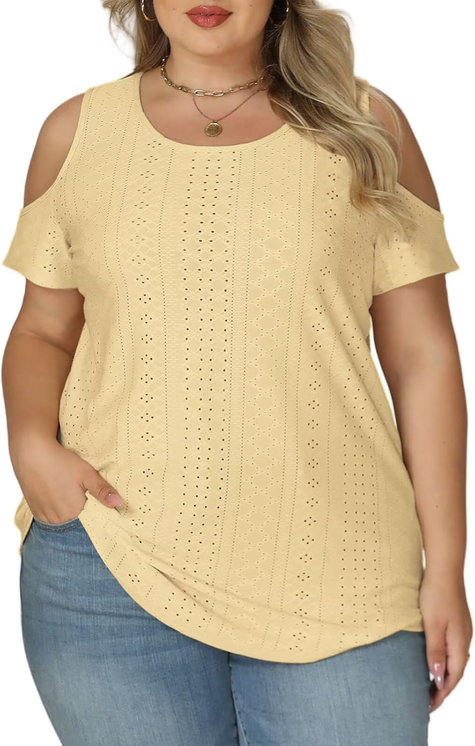 VISILILY Plus-Size-Womens-Summer-Tops Trendy Cold Shoulder Short Sleeve Shirts Casual Crew Neck Cute Tunics Blouses XL-5XL - Image 2