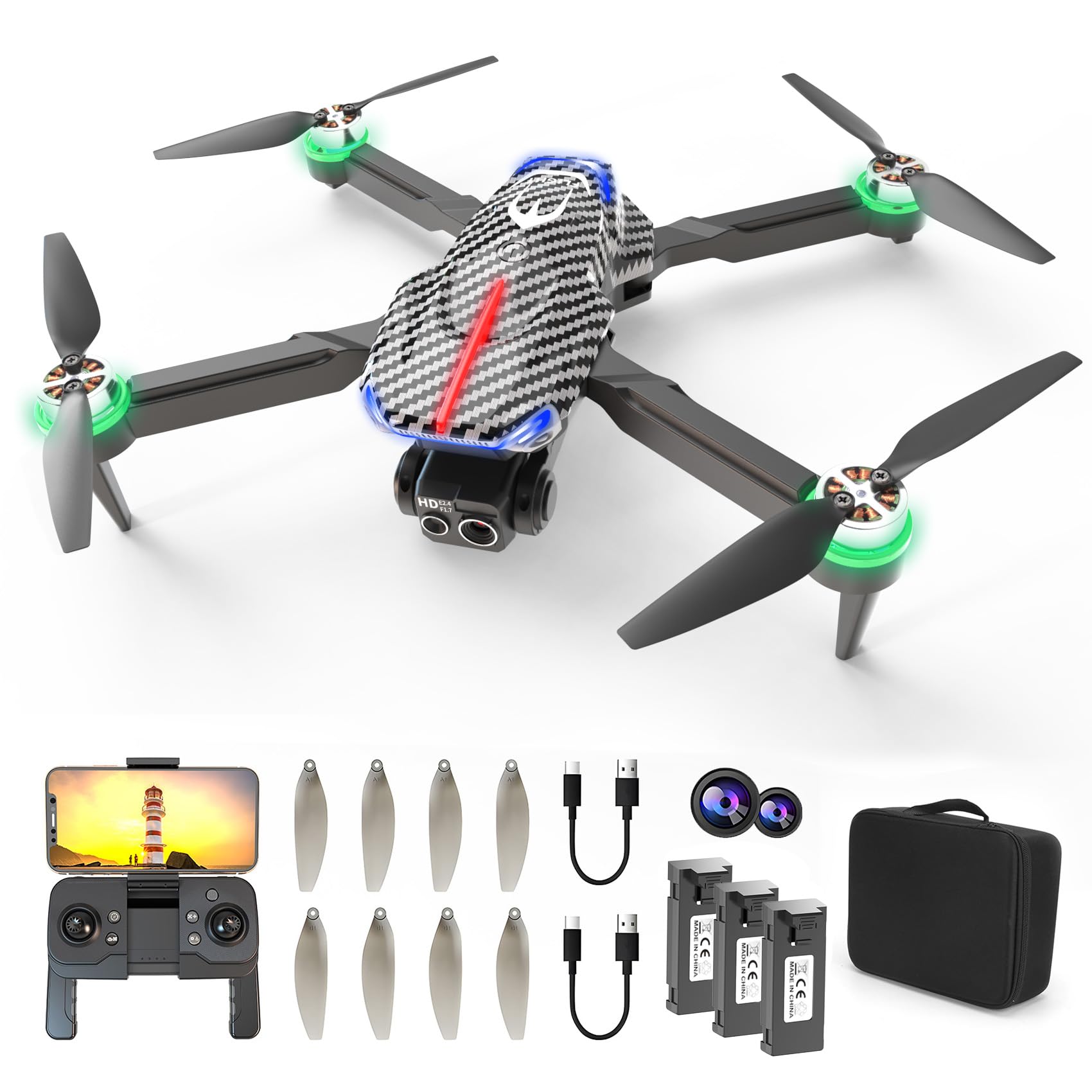 Drone with camera, equipped with HD 4K FPV dual cameras, foldable brushless motor drone, cool colored lights, optical flow positioning, 360° flip, over-distance warning reminder, suitable for adult beginners