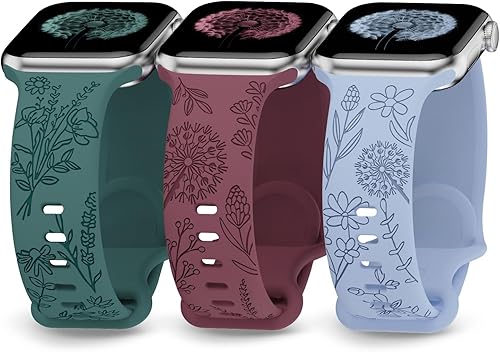 Paquete de 3 correas con grabado floral compatibles con correas de Apple Watch de 1.496 pulgadas, 1.575 pulgadas, 1.614 pulgadas, 1.732 pulgadas,