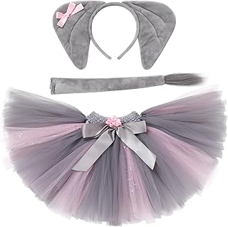 ODOLDI Elephant Costume Kids Girls Tutu Skirt with Elephant Ears Headband Tail Set 3PCS Baby Grey Elephant Circus Costume Toddler Jungle Animal Tutu Costumes Elephant Ears & Tail 7-8 Years