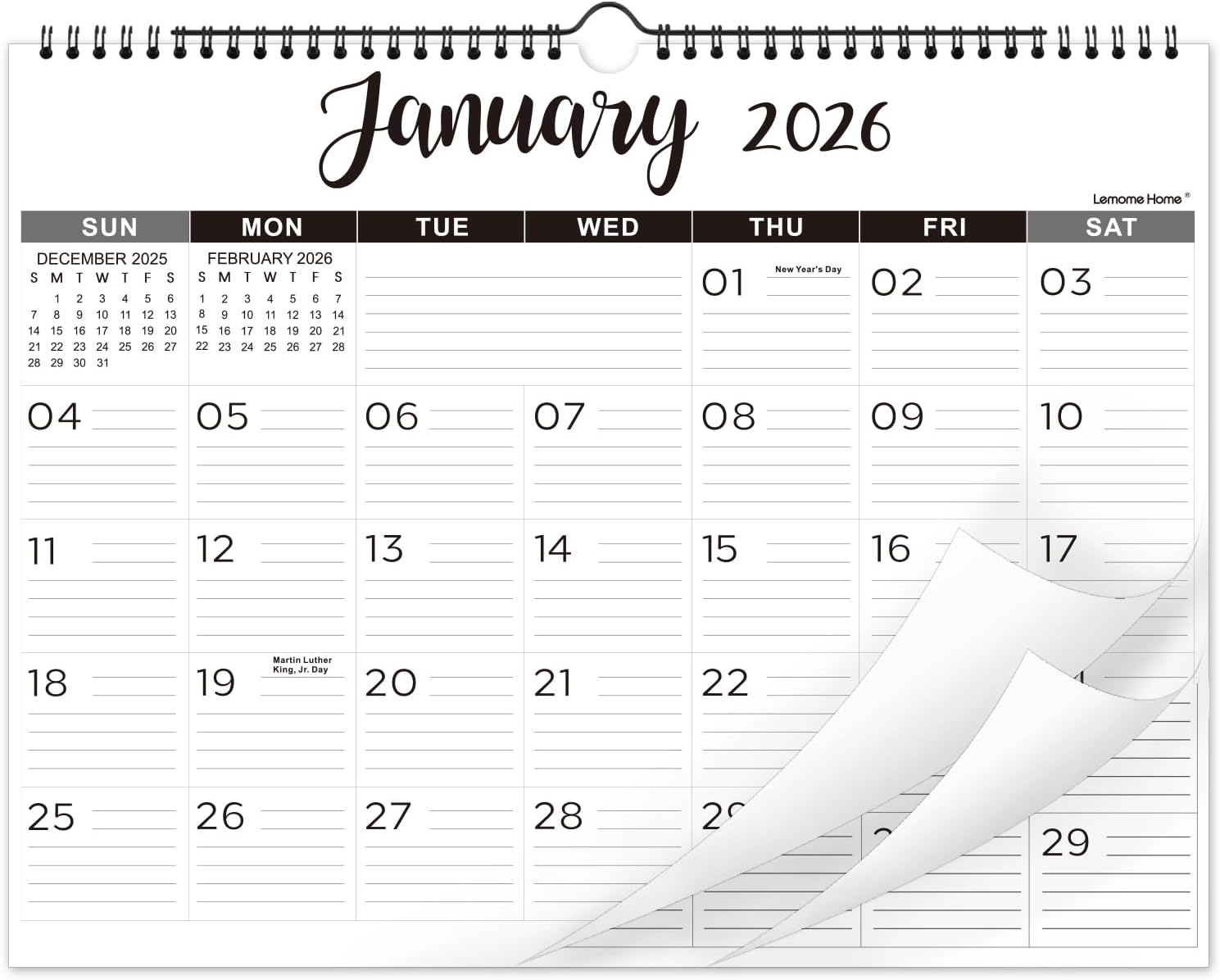 2026 Wall Calendar - 2026 Calendar with Thick Paper, 15" x 11.5", Jan.2026 - Dec.2026, Twin-Wire Binding + Hanging Hook + Ruled Blocks with Julian Date - Classic Black