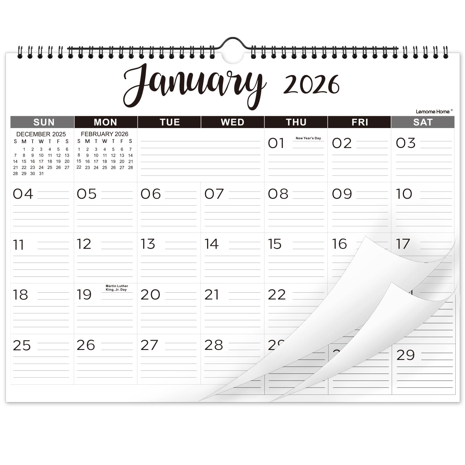 2026 Wall Calendar - 2026 Calendar with Thick Paper, 15" x 11.5", Jan.2026 - Dec.2026, Twin-Wire Binding + Hanging Hook + Ruled Blocks with Julian Date - Classic Black