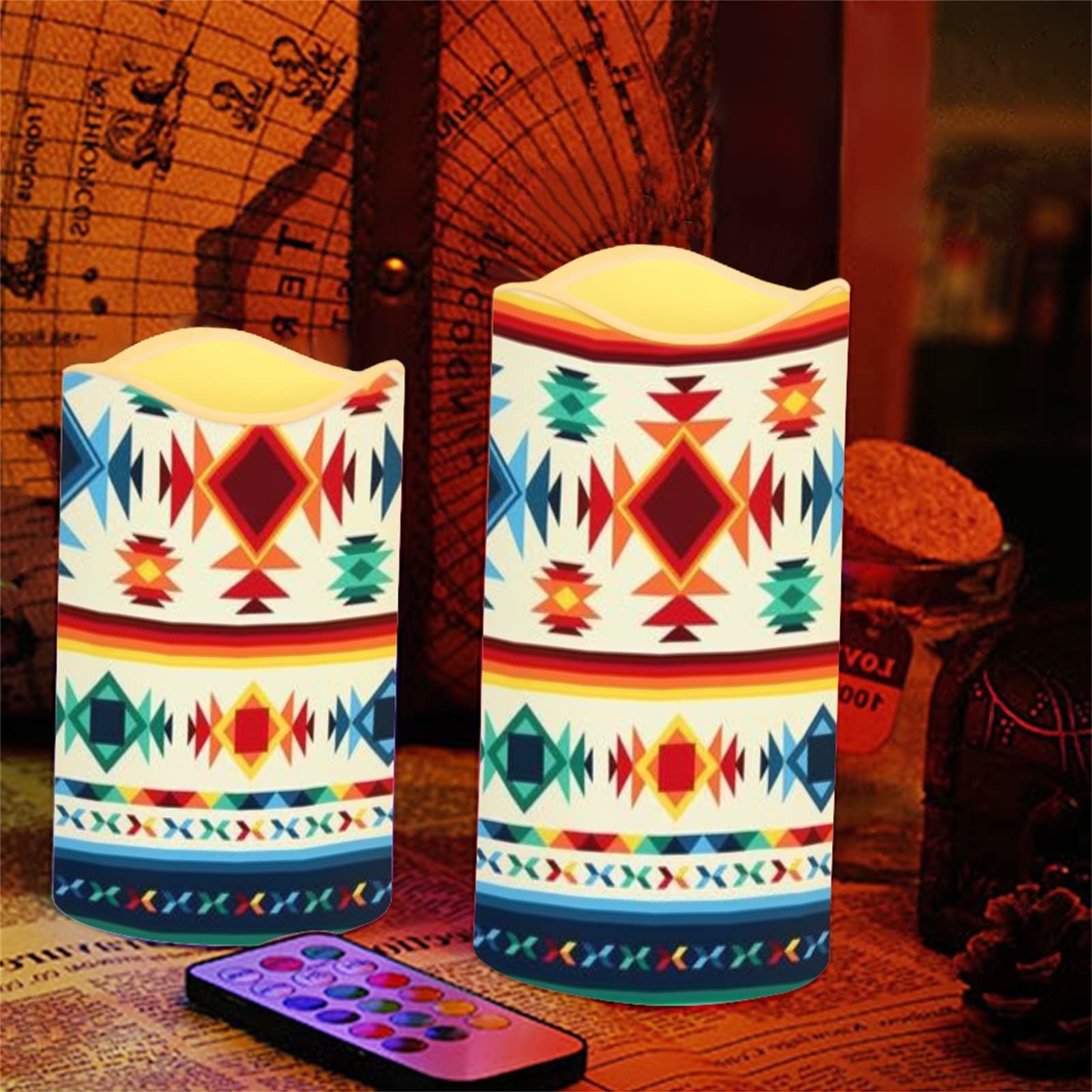 Indian Tribal Pattern LED Candele tremolanti Elettriche per Camera Da Letto Casa Partito, Etnico Geometrico Atmosfera Batteria Tea Lights Senza fiamma