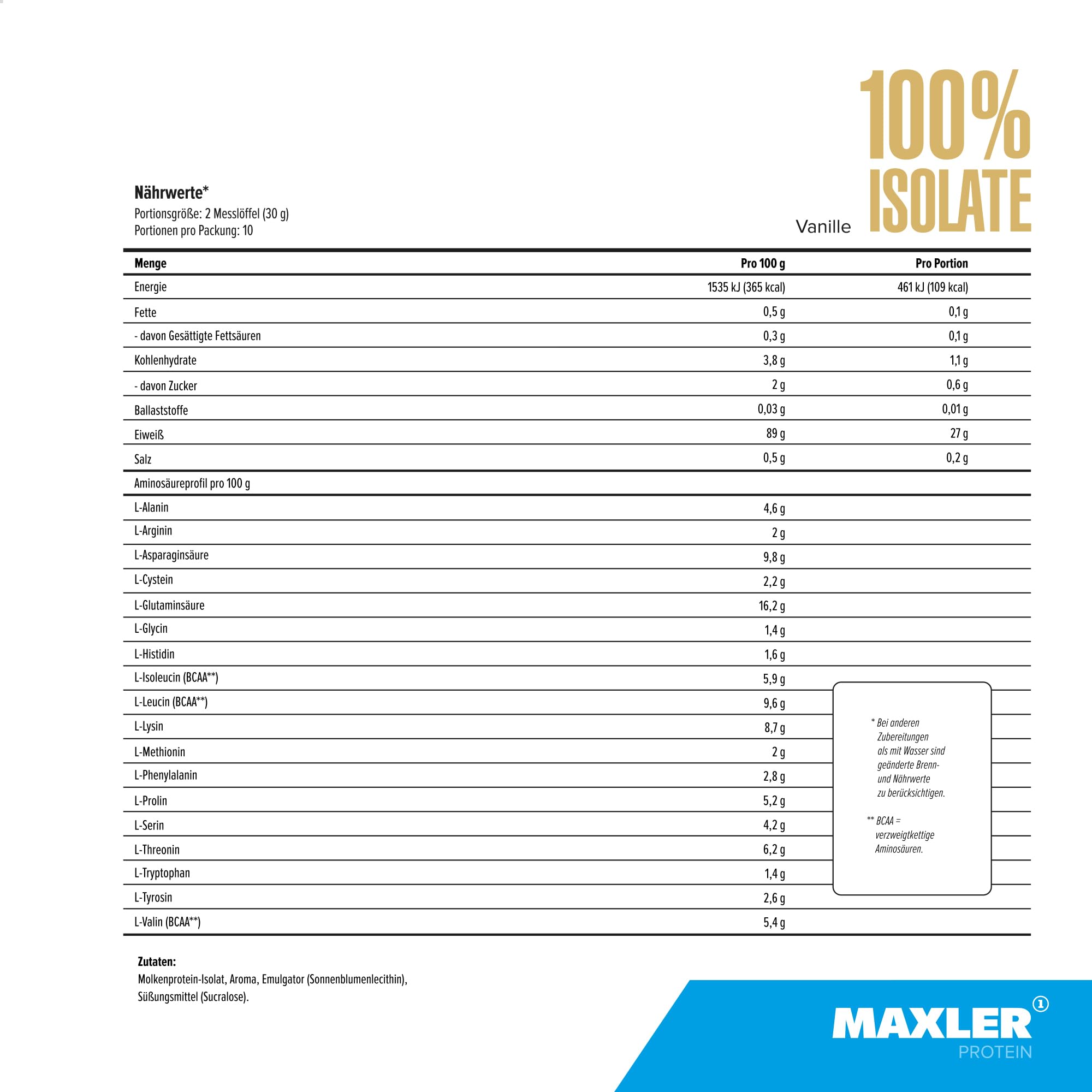 Maxler 100% Isolate Protein Pulver - Natürlich schmeckendes Whey Isolate aus Weidehaltung - Whey Protein Isolate Zuckerarm & ehrlich lecker - Vanille - 300g