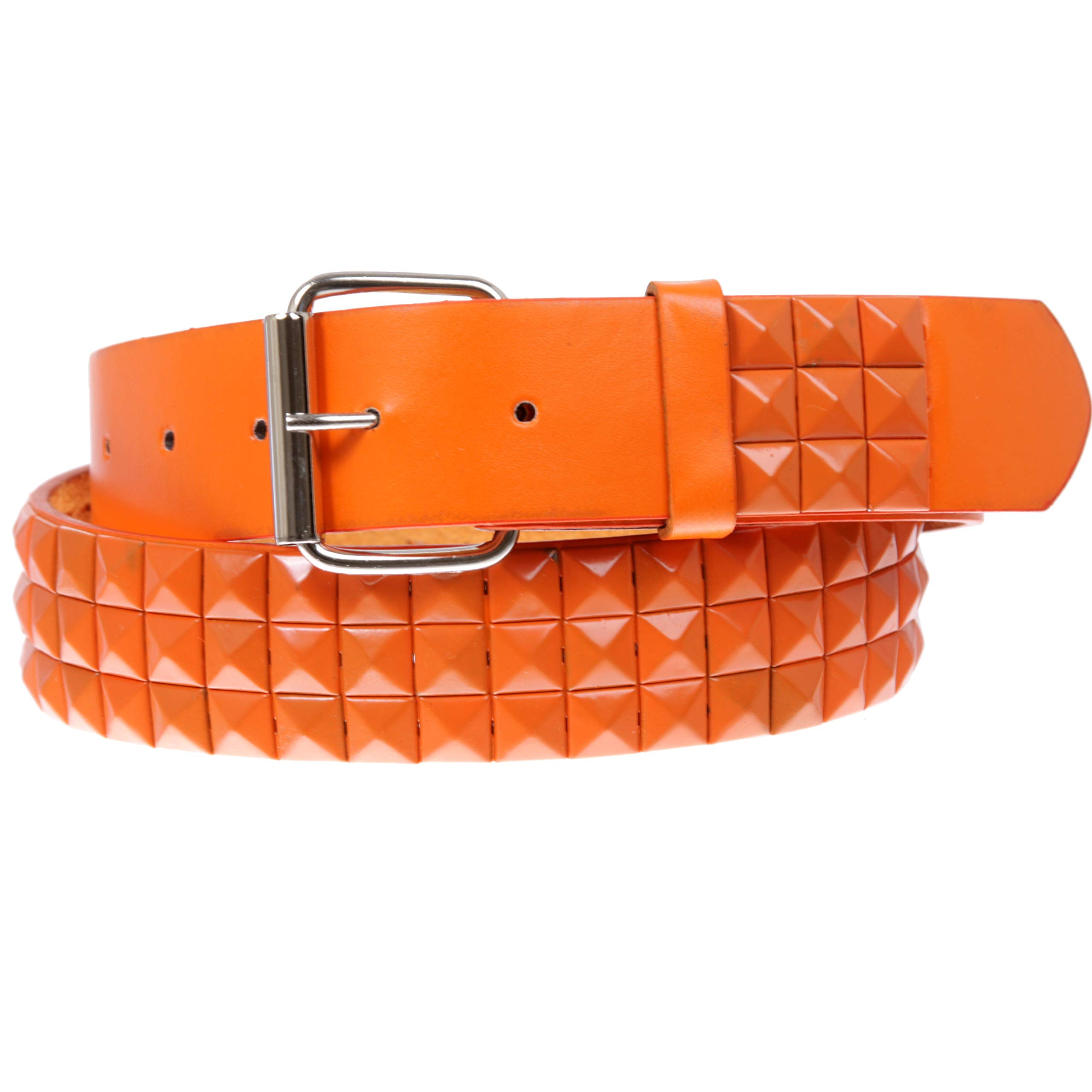 Snap On Punk Rock Star Pyramid Studded Checker Board Leather Belt, Orange | m 34