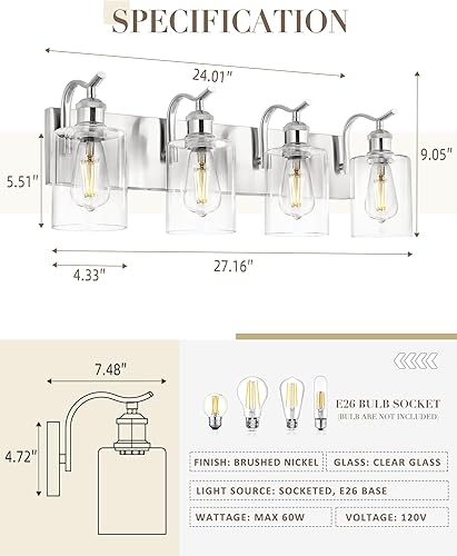 Miniatura 2 de VL01BN-4 - Lámpara de tocador de baño de 4 luces, aplique de pared de níquel cepillado, lámpara de baño moderna con vidrio transparente