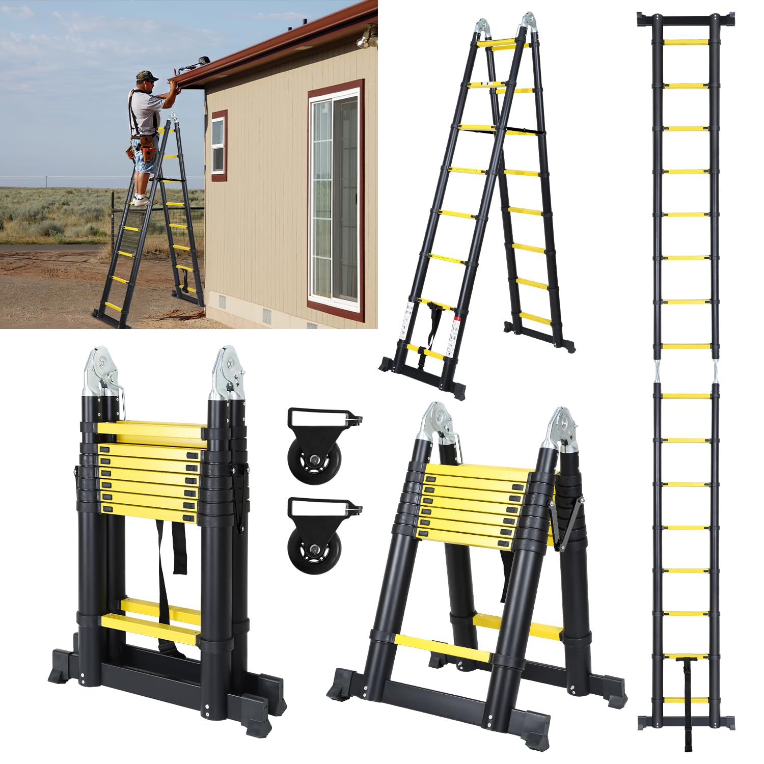 Fiqops Telescopic Ladder with Non-Slip Aluminium Wheels – 5 m (2.5 + 2.5), Load Capacity 150 kg/330 lbs – Extendable Multi-Purpose with Handle