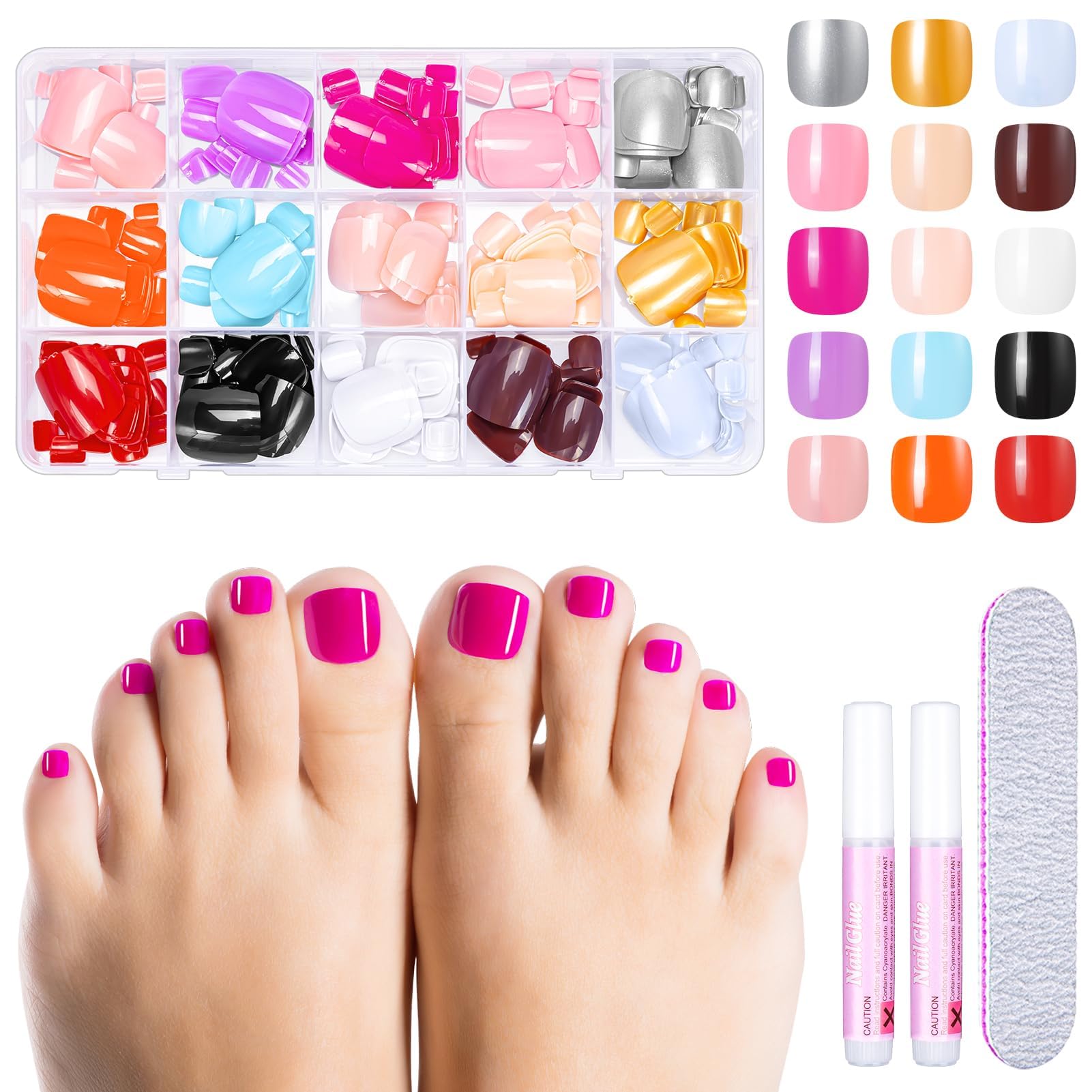 MELLIEX 360 Piezas Uñas Postizas Pies, 15 Colores Acrilicas Uñas Cortas de Los Pies Artificial Fake Toenail Tips Set para Mujeres