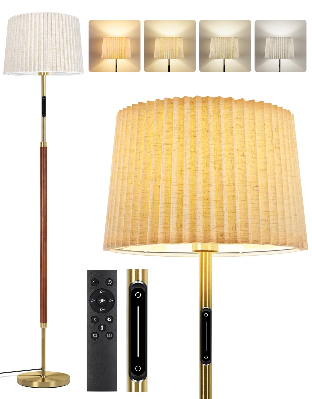 OUTON Lampara de Pie Madera con Control Remoto y Táctil, 4 Temperaturas de Color, Temporizador 1H, Función de Memoria, Lámpara de Pie LED Regulable con Doble Pantalla para Salon, Dormitorio, Oficina