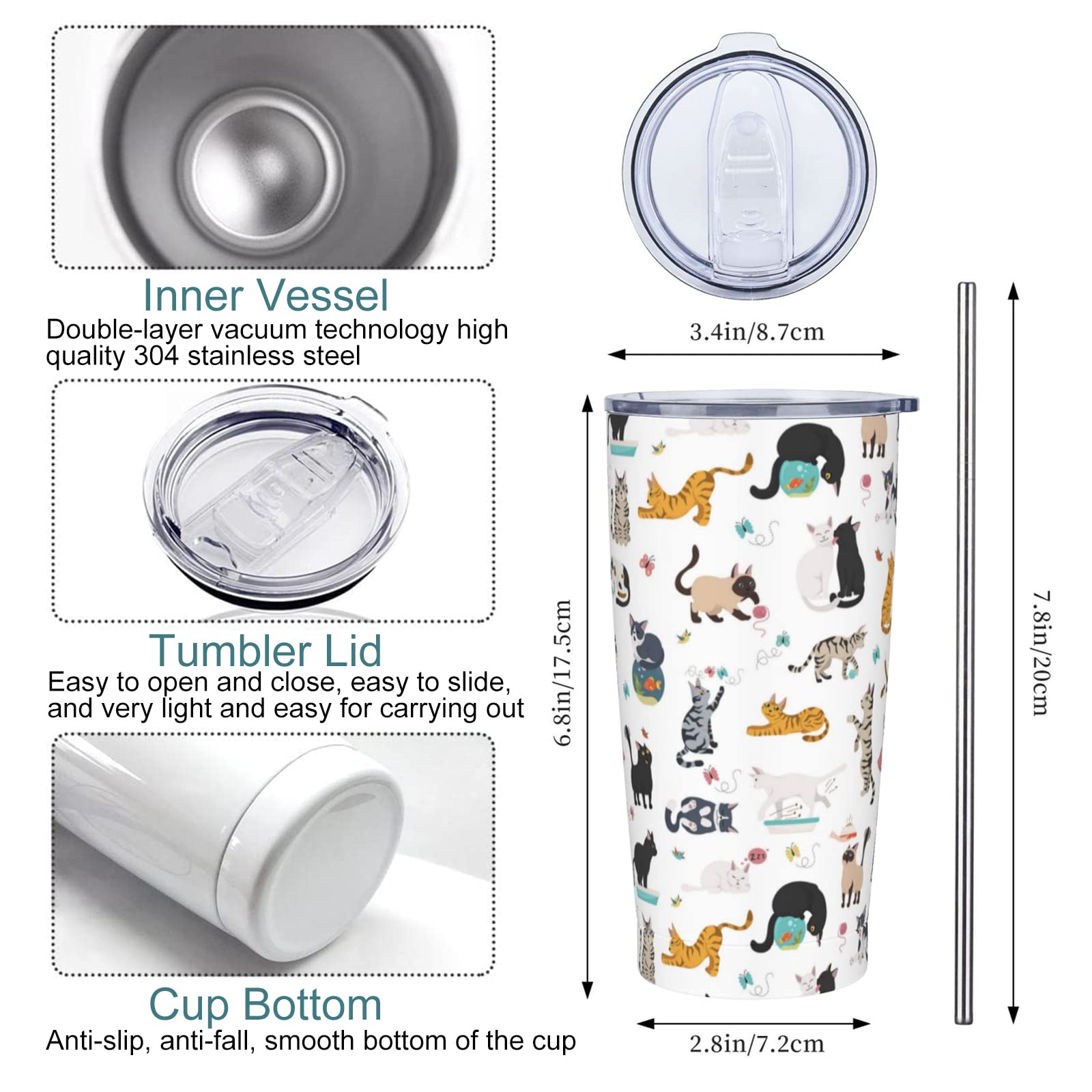 Vaso de gato con tapa y popote, botella de agua aislada de acero inoxidable de 20 onzas, taza de café de viaje, consejos de un gato regalo para mujeres