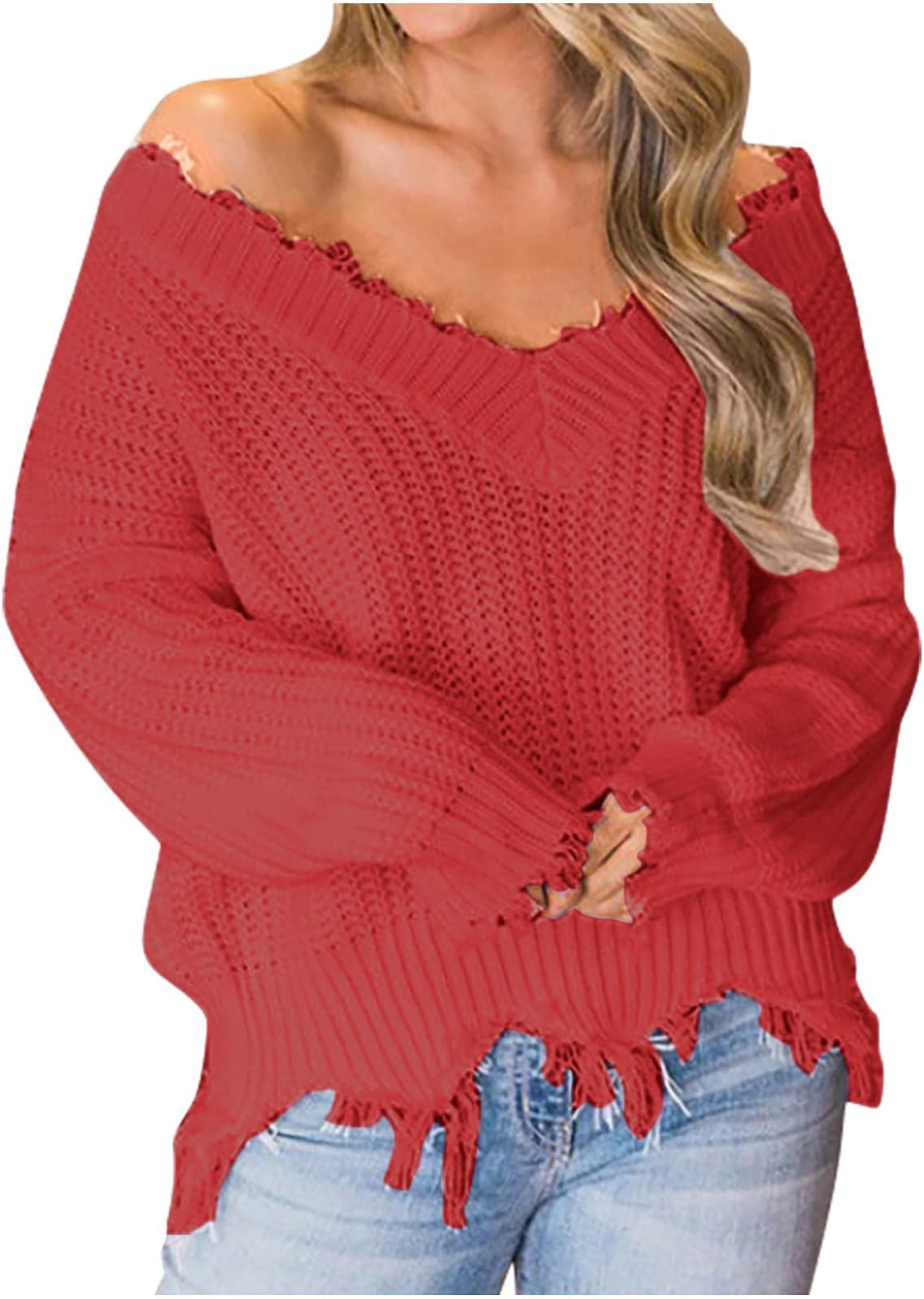 Womens Knitted Off The Shoulder Sweater Solid V Neck Long Sleeve Pullover Ripped Crop Tops Fall Winter Knitted Jumpers