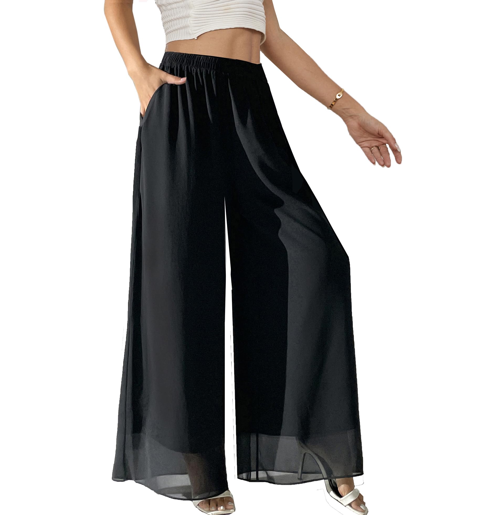 Yehopere Palazzo-Hose für Damen, elegant, fließend, Chiffon, doppellagig, Sommer, Boho, weites Bein, lässige Lounge-Hose