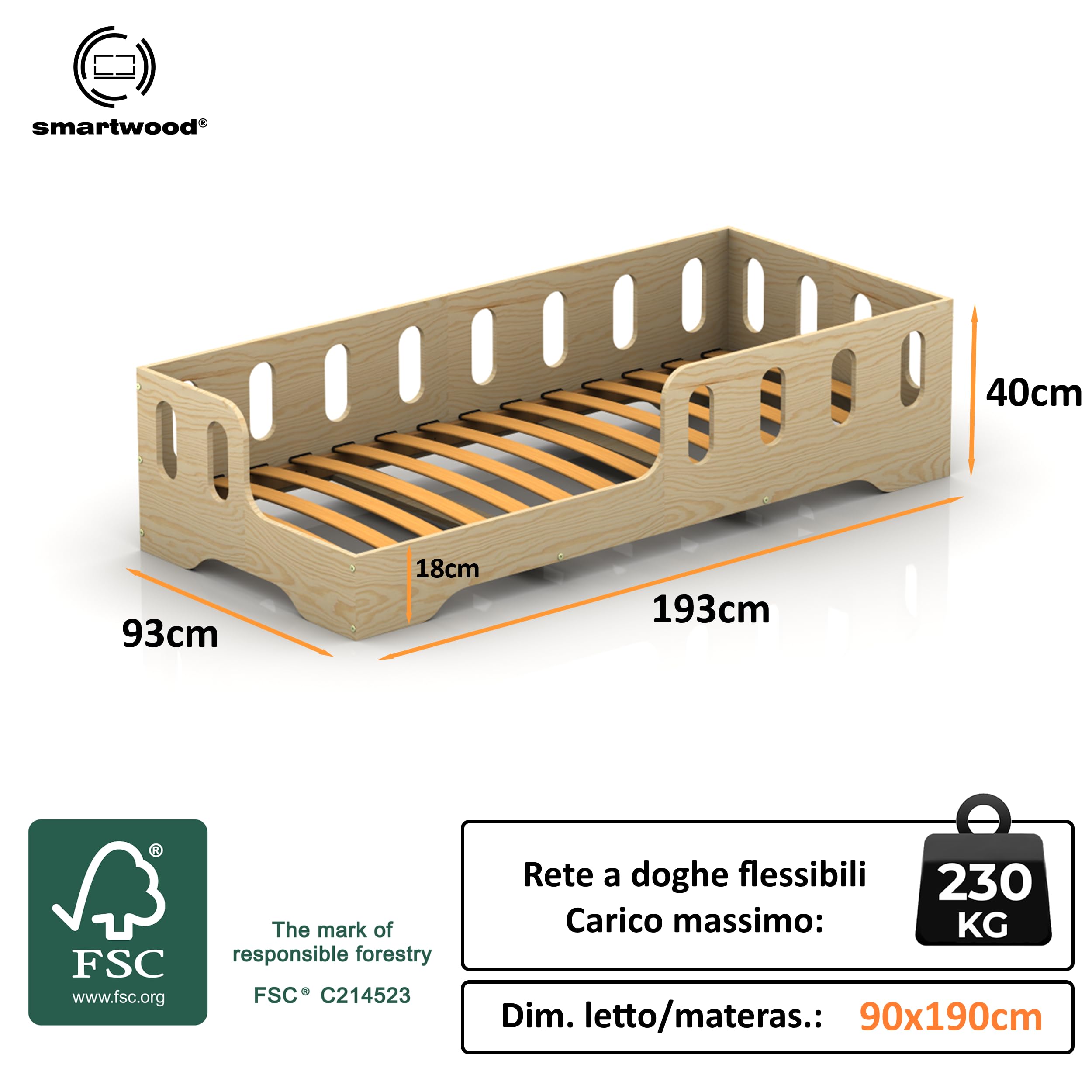smartwood Letto Montessori Bambini 90x190 cm - Letto Bambini con Sponda e Rete a Doghe - Compensato di Pino Certificato FSC - Per Bambini e Bambine - Montaggio Facile - TILA 1L
