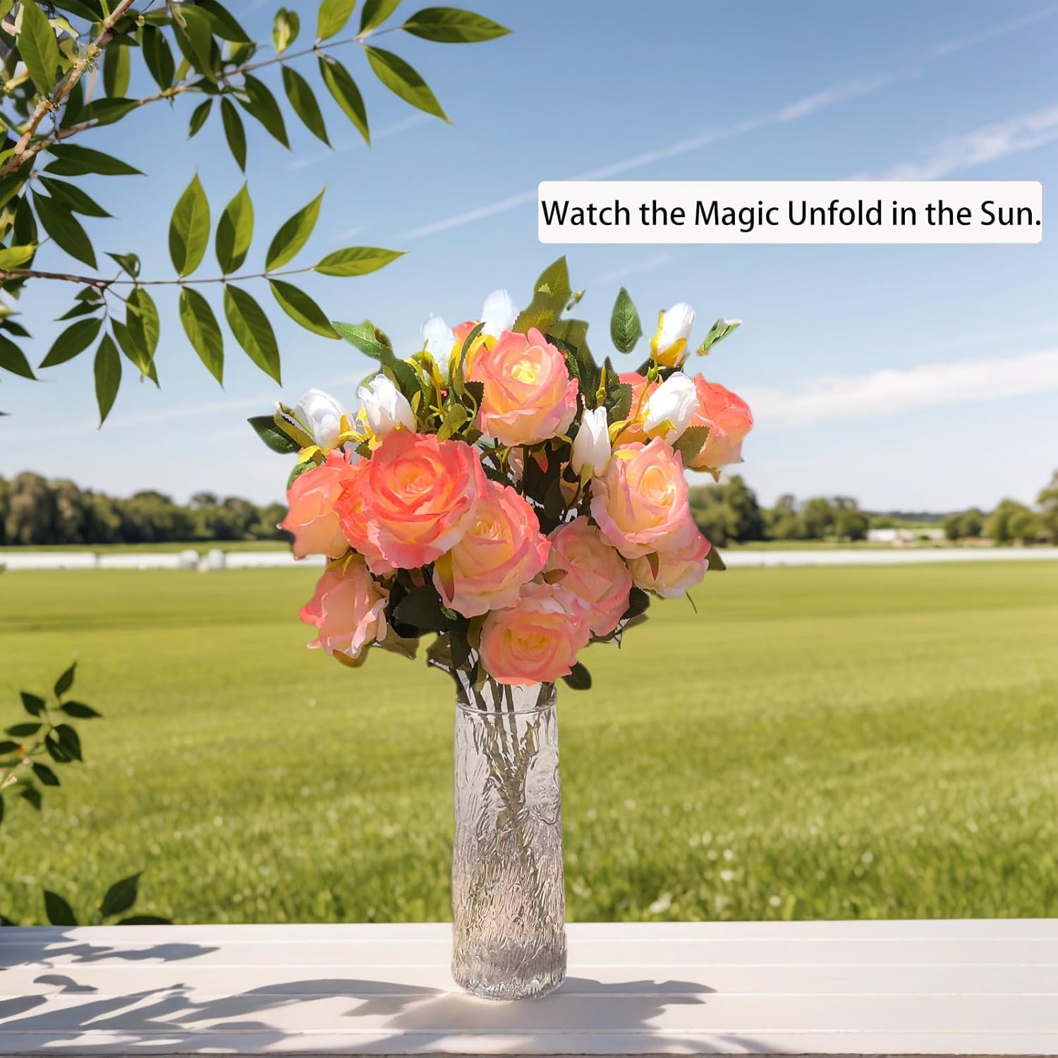26"5Pcs Silk Roses Bouquet-Sunlight Color Changing Roses Artificial Flowers,Fake Rose Flower Long Stem for Arrangement Wedding Centerpiece Home Valentines Day Decor (Turns From White to Red)