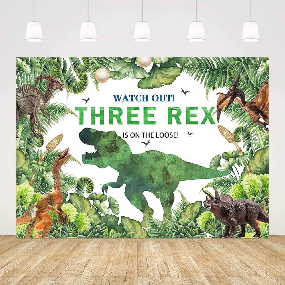 AIBIIN 7x5ft Three Rex Birthday Backdrop Boy Happy Birthday Party Decorations for Boy 3 Year Old Dinosaur Party Decorations