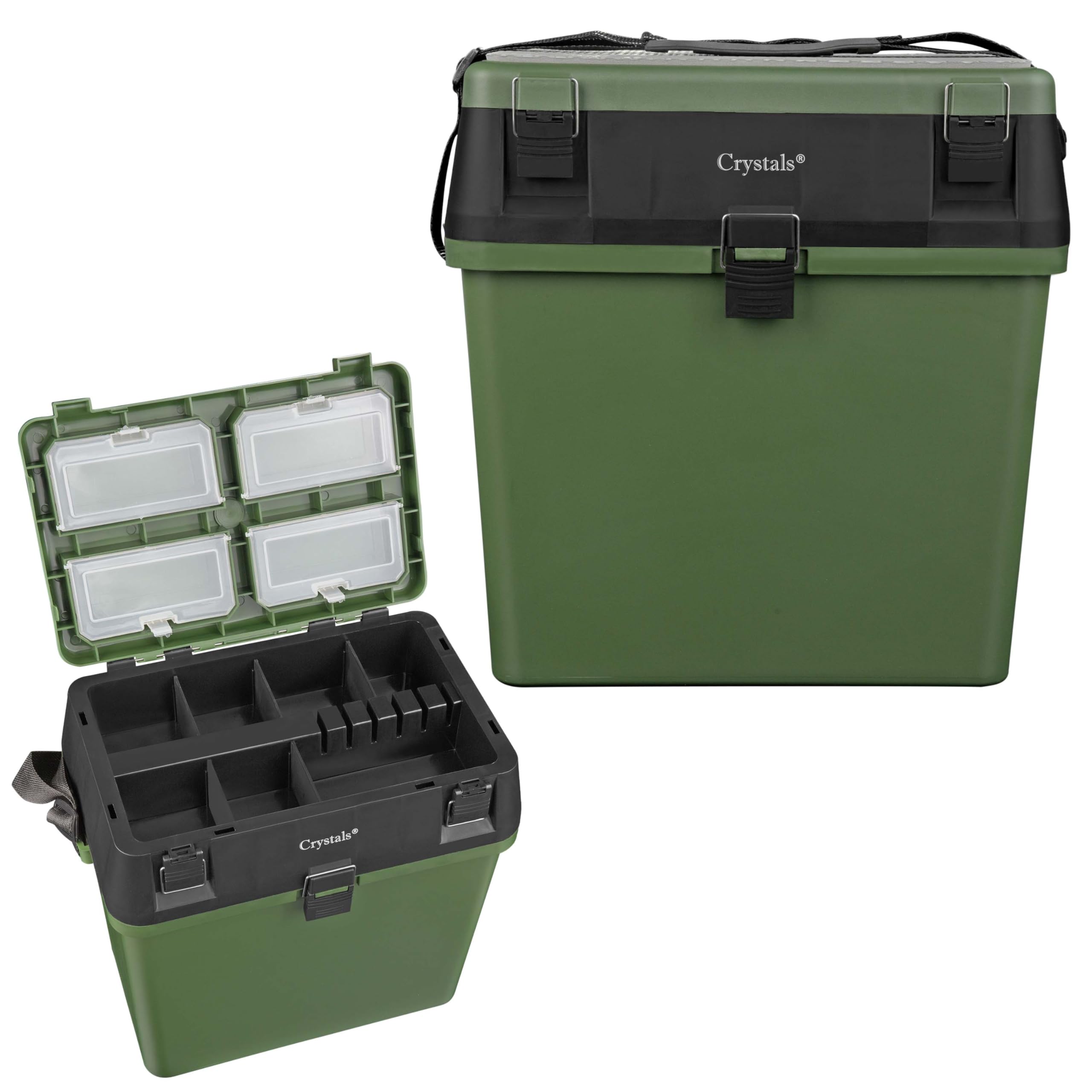 Denny International Green Denny Fishing Tackle Box With Padded Seat & Straps, Sea Angling Bait Lure Storage, Carp Tackle Kit Organizer, /Black