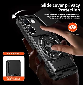 スライドカメラカバー スマホケース Xiaomi Poco X8 Pro用 リングホルダー&キックスタンド付き 磁気カーマウント対応 耐衝撃保護カバー ブラック
