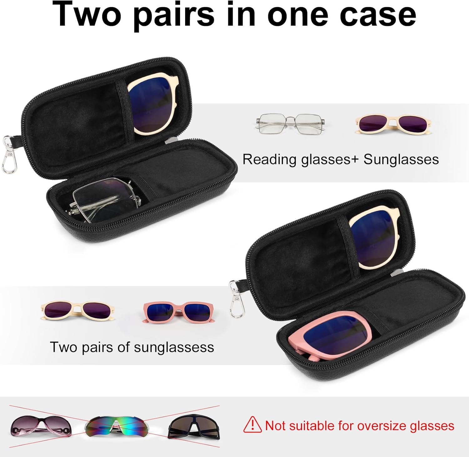 Double Eyeglasses Case Hard Shell, Clip Dual Sunglasses Organizer Zipper, PU Leather Eyewear Storage Box for 2 Pairs Travel - Image 2