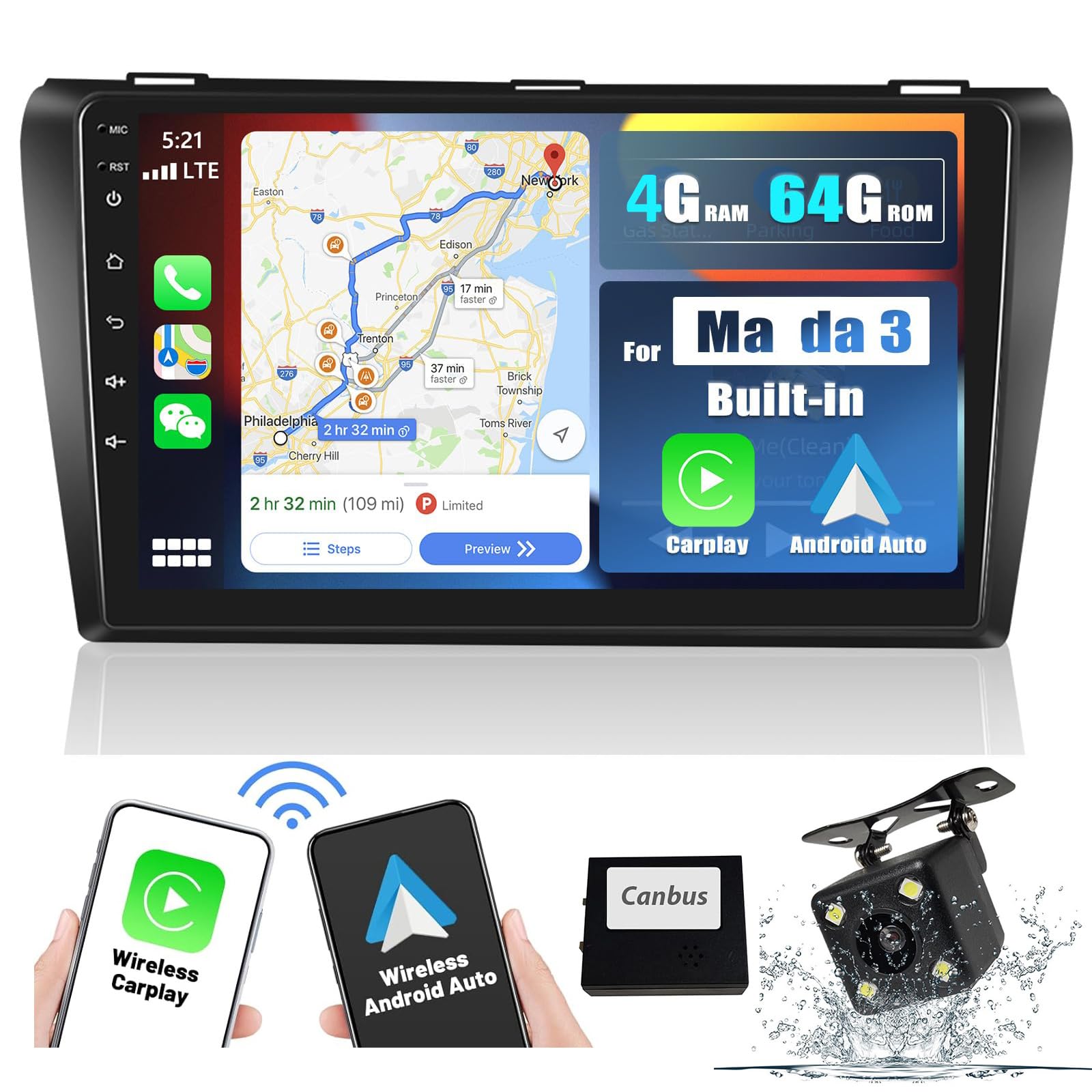 Autorradio con Android Auto inalámbrico y cámara de visión trasera para Mazda 3 8