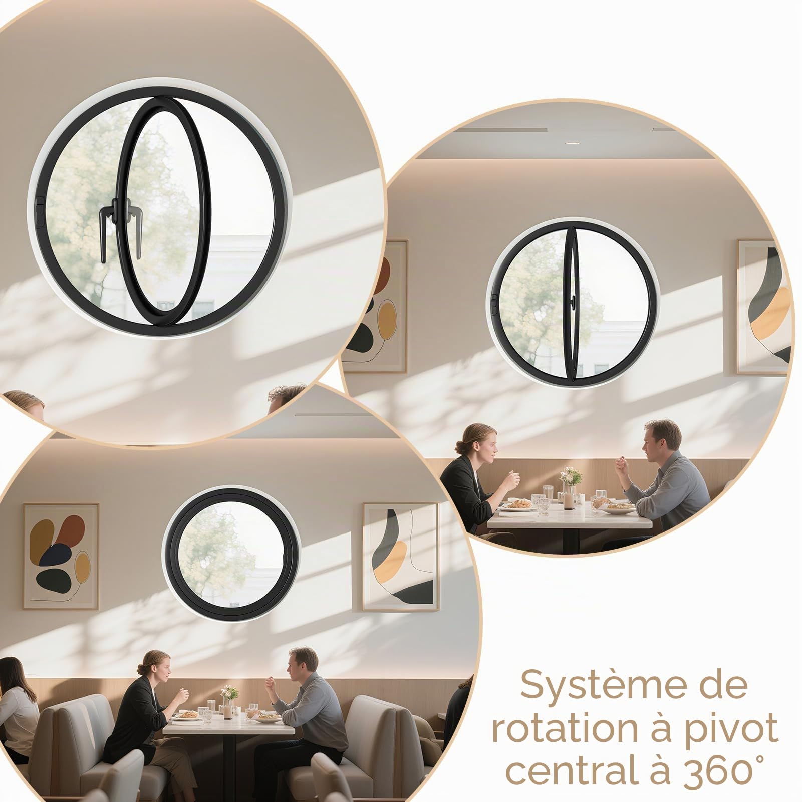 Fenêtre ronde rotative à 360°, 80 cm fenetre ronde hublot blanche, fenêtre à battant décorative en verre pour grenier chambre cuisine intérieur cloison de séparation bureau café fenêtre extérieure