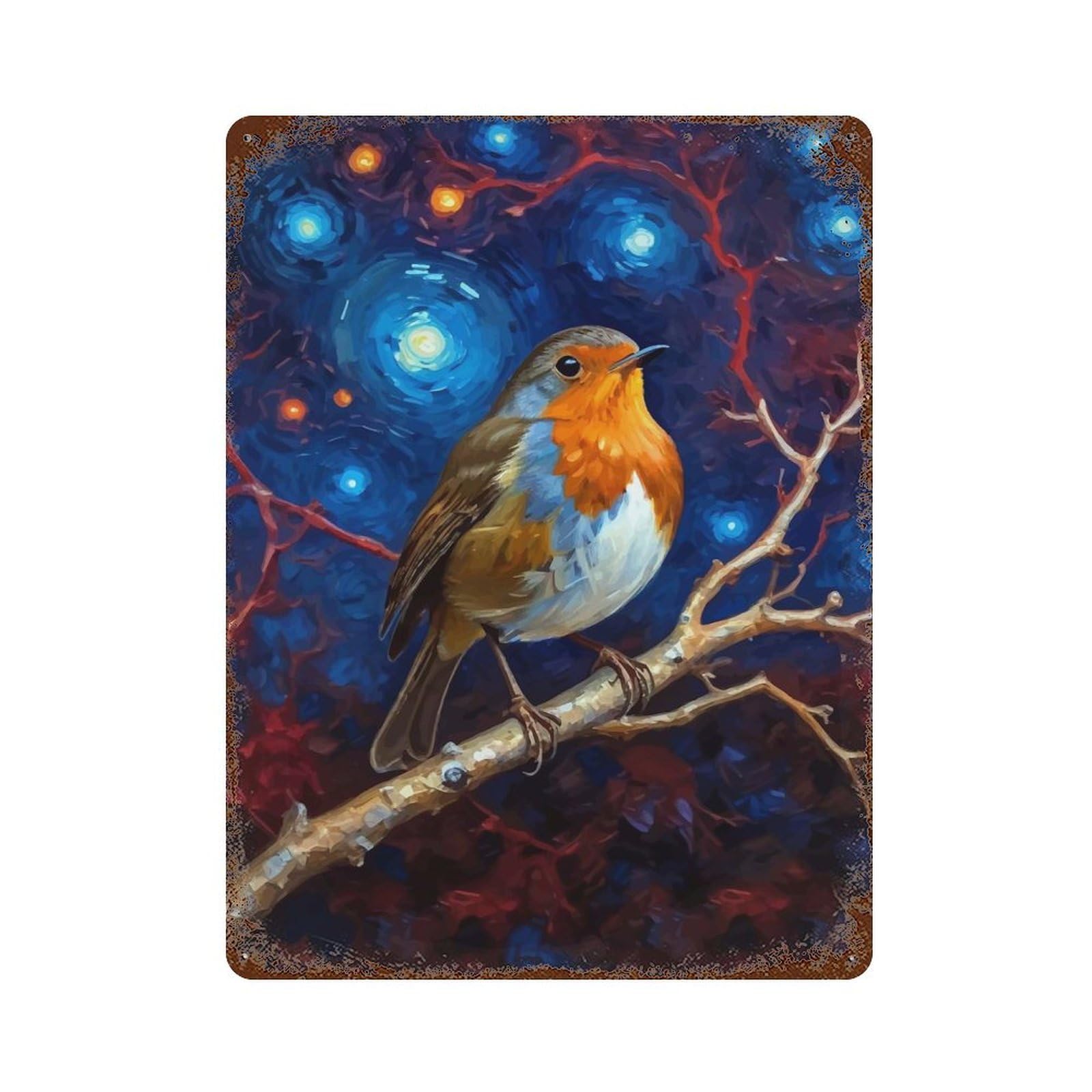 Robin in Starry Night Rusty Metal Tin Sign 15.7"x11.8", for Shed, Workshop And Garage Wall Decor, Shabby Chic Decor