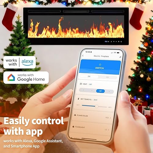 Miniatura 6 de Chimenea eléctrica inteligente de 60 pulgadas, chimeneas eléctricas empotradas y montadas en la pared, control WiFi y Alexa, control remoto, llamas