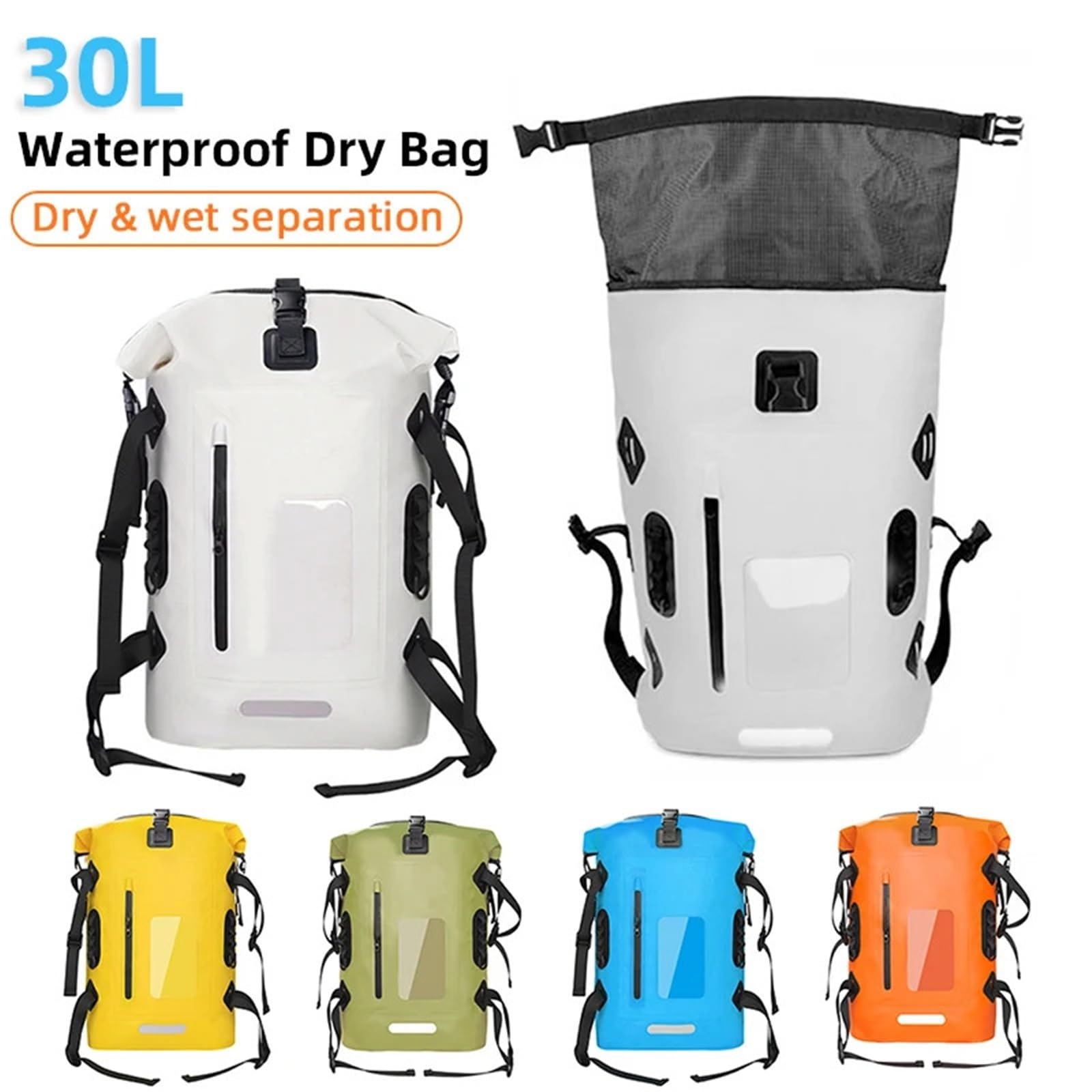 Wasserdichter Trockensack Aus PVC, 30 L Großer Wanderrucksack Mit Kapazität, wasserdichte Tasche for Tauchen, Schwimmen Und Nass-Trocken-Trennung FüR Wassersport Wandern Camping(Orange)