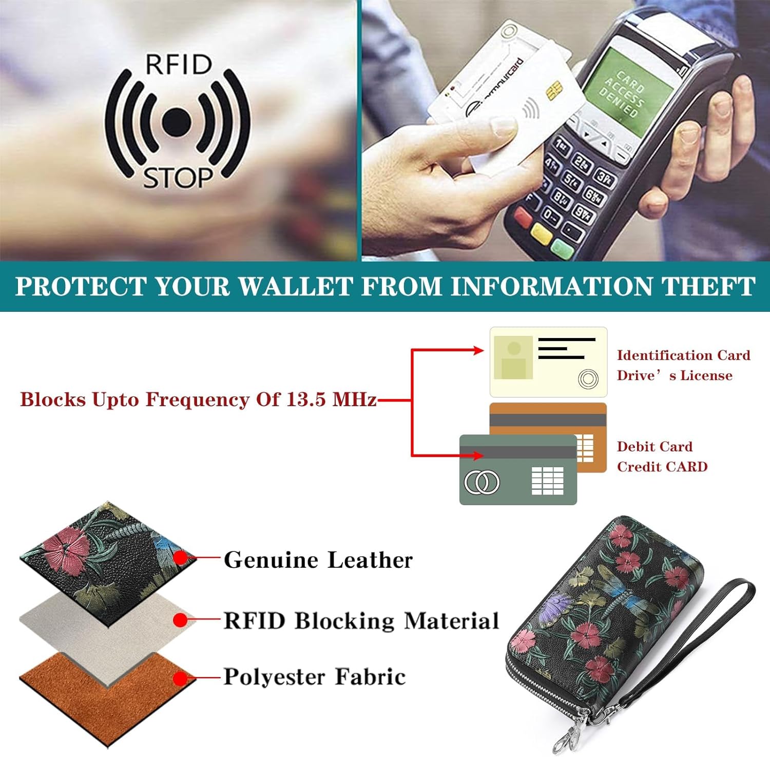 GOIACII Women's Wallet Large Capacity Double Zip Ladies Card Phone Holder RFID Blocking Wristlet Leather - Image 6