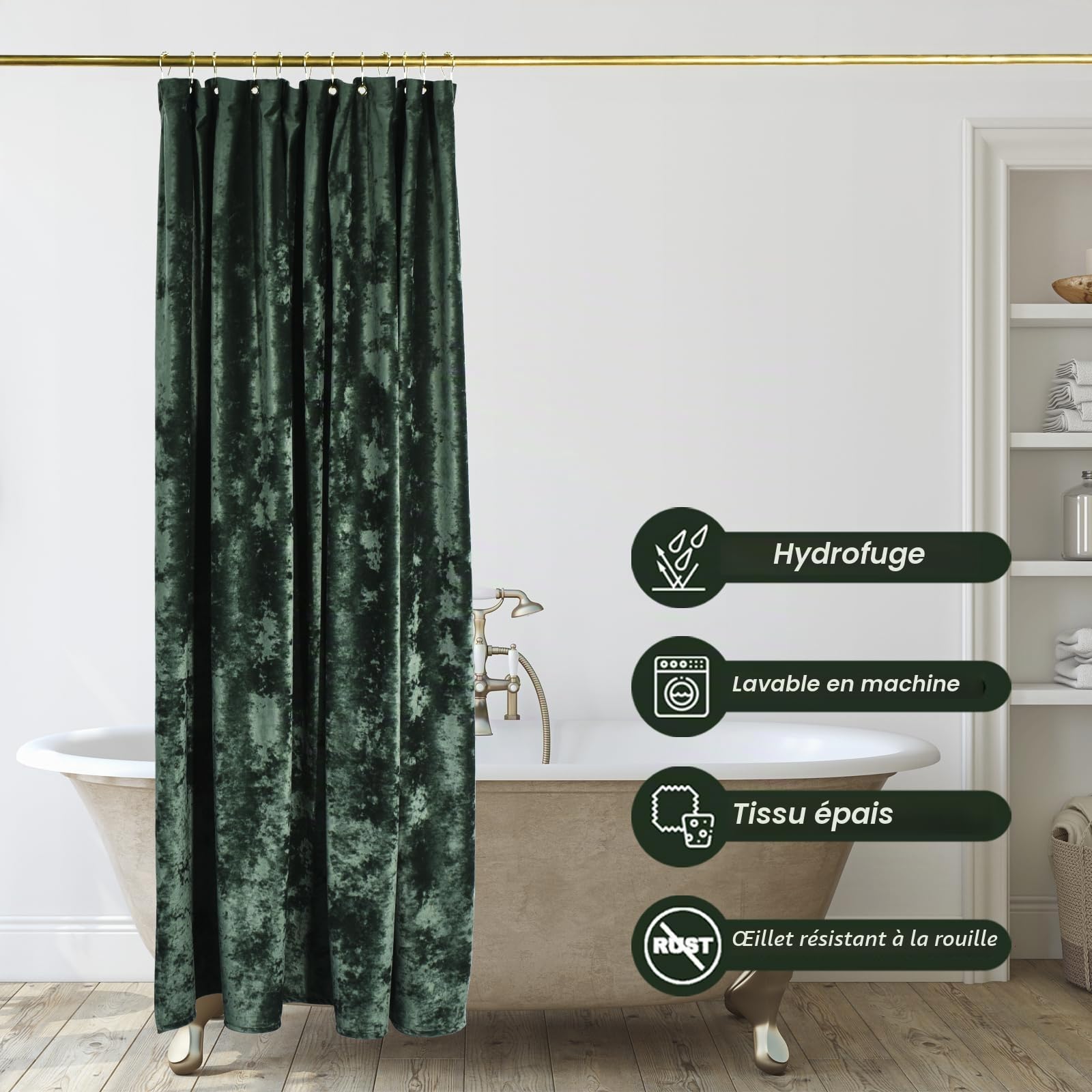 TAMGHO Rideau de Douche en Velours écrasé de Luxe avec 12 Crochets dorés – Rideau de Douche en Tissu épais imperméable pour Salle de Bain – Vert foncé – 183 x 183 cm